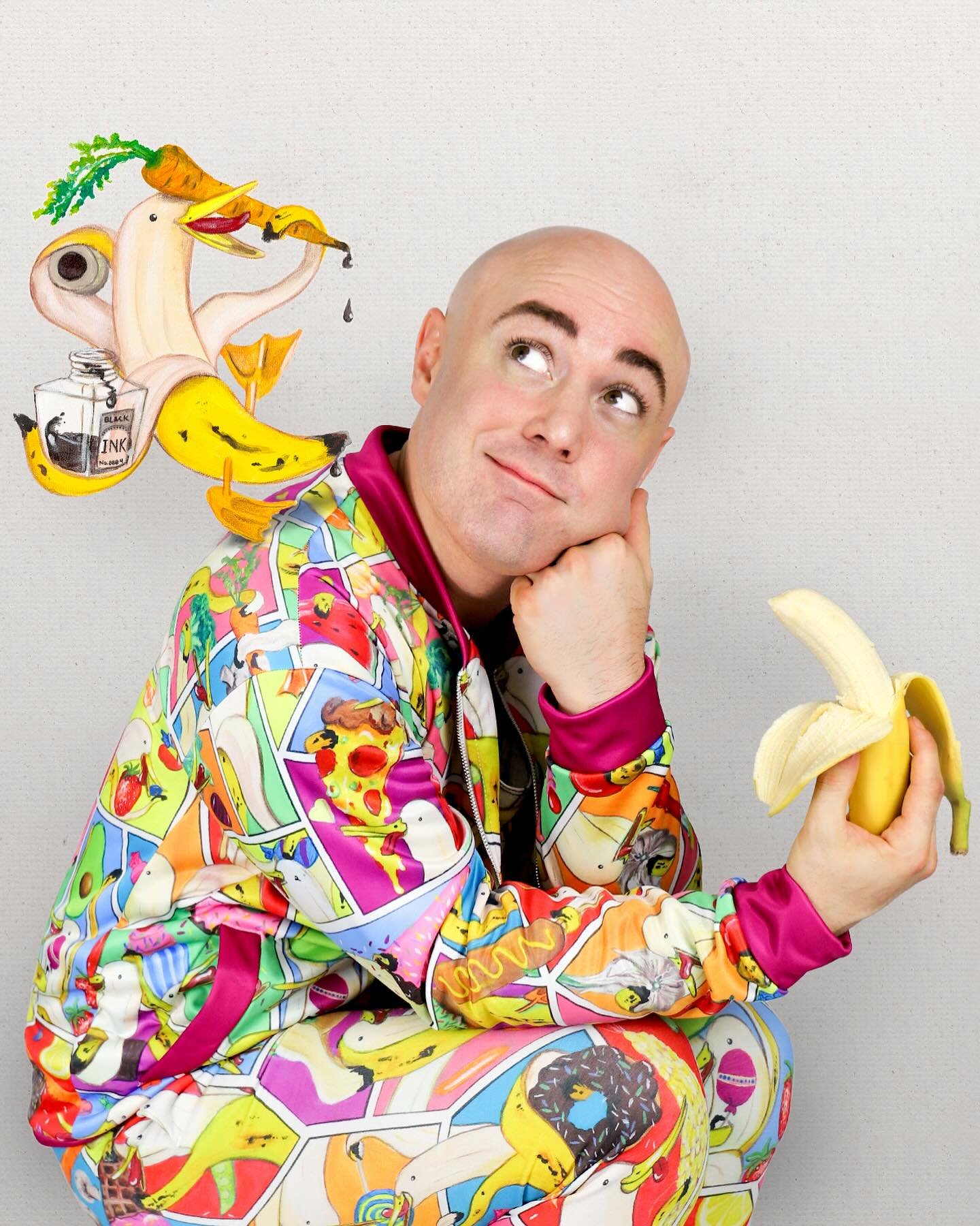 Meet @ryan.bauer.walsh of @rbwart ! The creator of Banana Duck books, cards, and clothing. In association with @tinpin we have brought banana duck around the world! 
Get ready for a silly adventure! 🤪
Outfit available on tinpin.com!