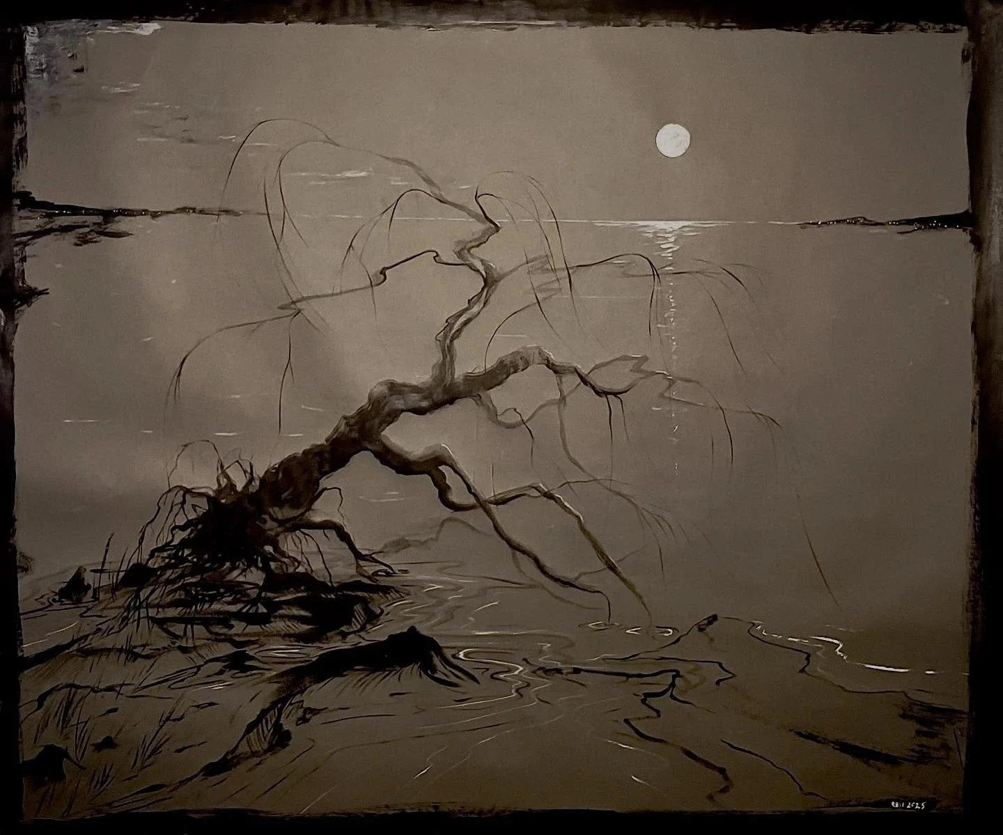 ACRYLIC ON DISCARDED PHOTO BACKDROP PAPER
42"x50
11/26/2025
"UNEARTHED/REROOTED".
A few days after my mom died I biked to my old willow tree on the lake I used to sit in as a child. Memories were unearthed as I rode through my childhoo