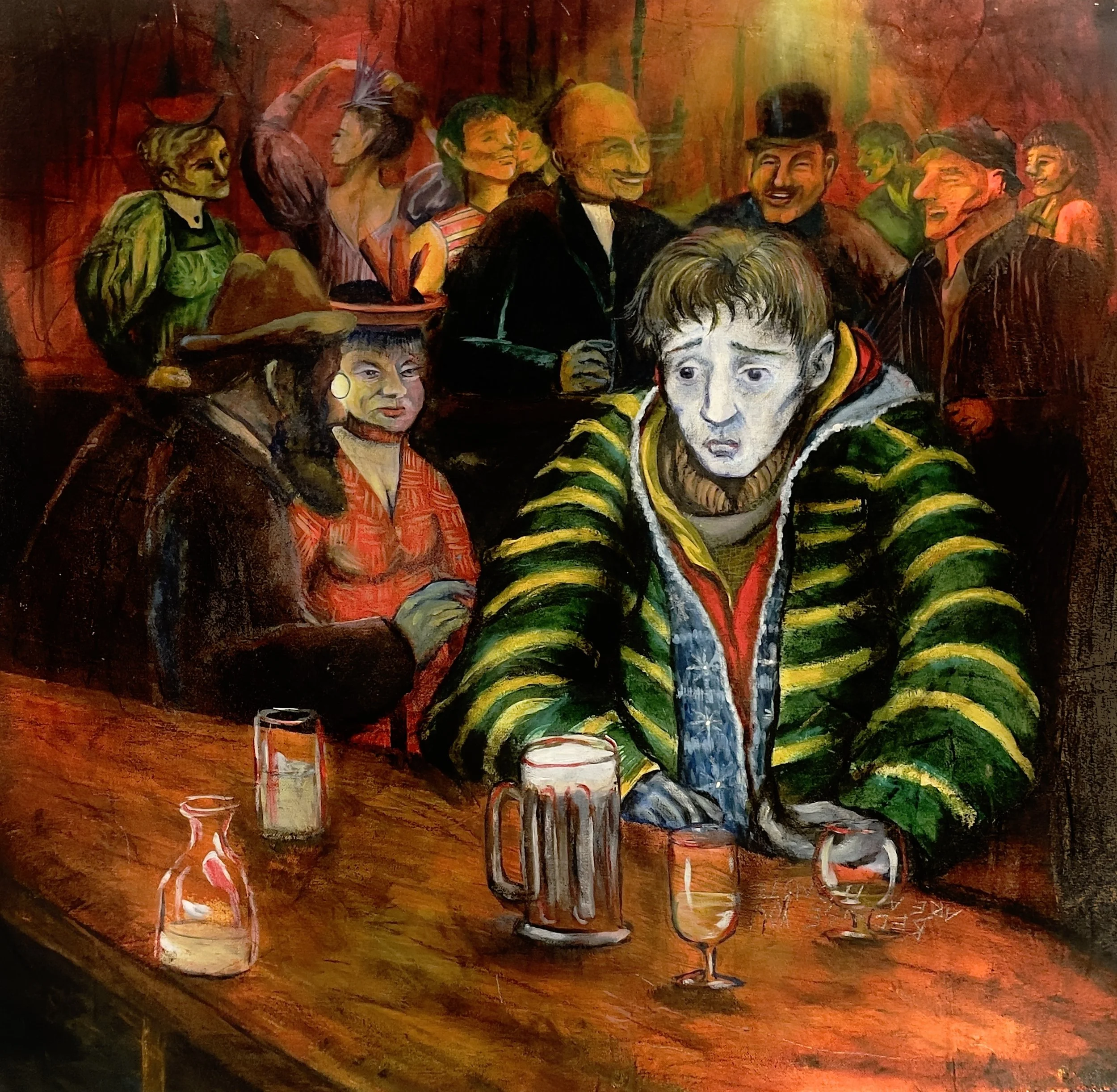 
-The Sweater Monster-	
Gallery Price $1456
Bids start at $145
2025	
26x28 Acrylic	

A young man sits at a bar alone getting absolutely black out wasted. He has carved "BECAUSE YOU ARE A MONSTER" into the bar and is wearing sweaters taken from men af