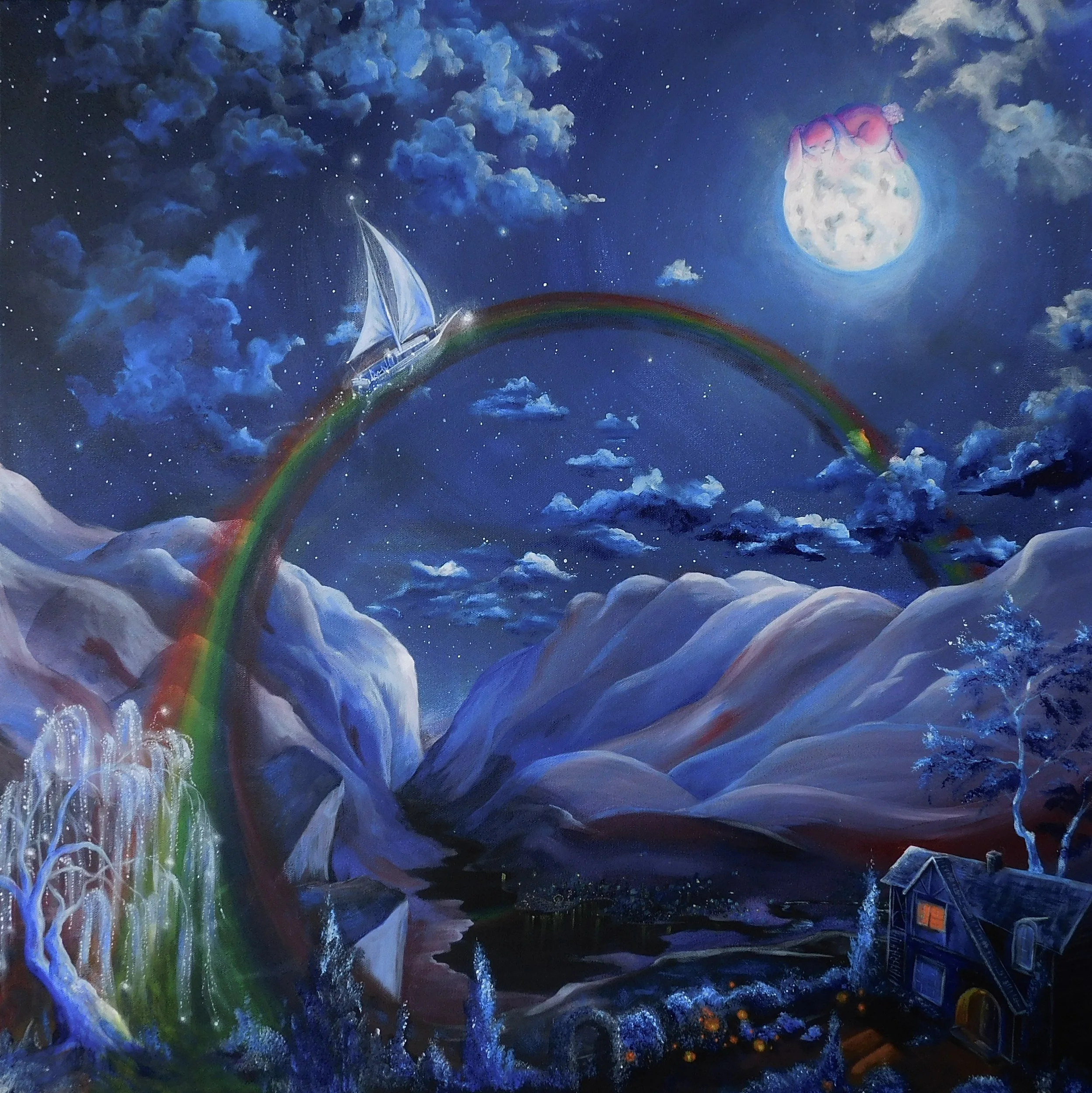 
-The Rainbow Lullaby-	
Gallery Price: $4100
Bids Start at $1000
2021 
30x30 Acrylic	

The Cover of the worlds first LGBTQ+ lullaby album that I created and sang on with a large team of Broadway stars in memory of my mother. It was shortlisted for a 