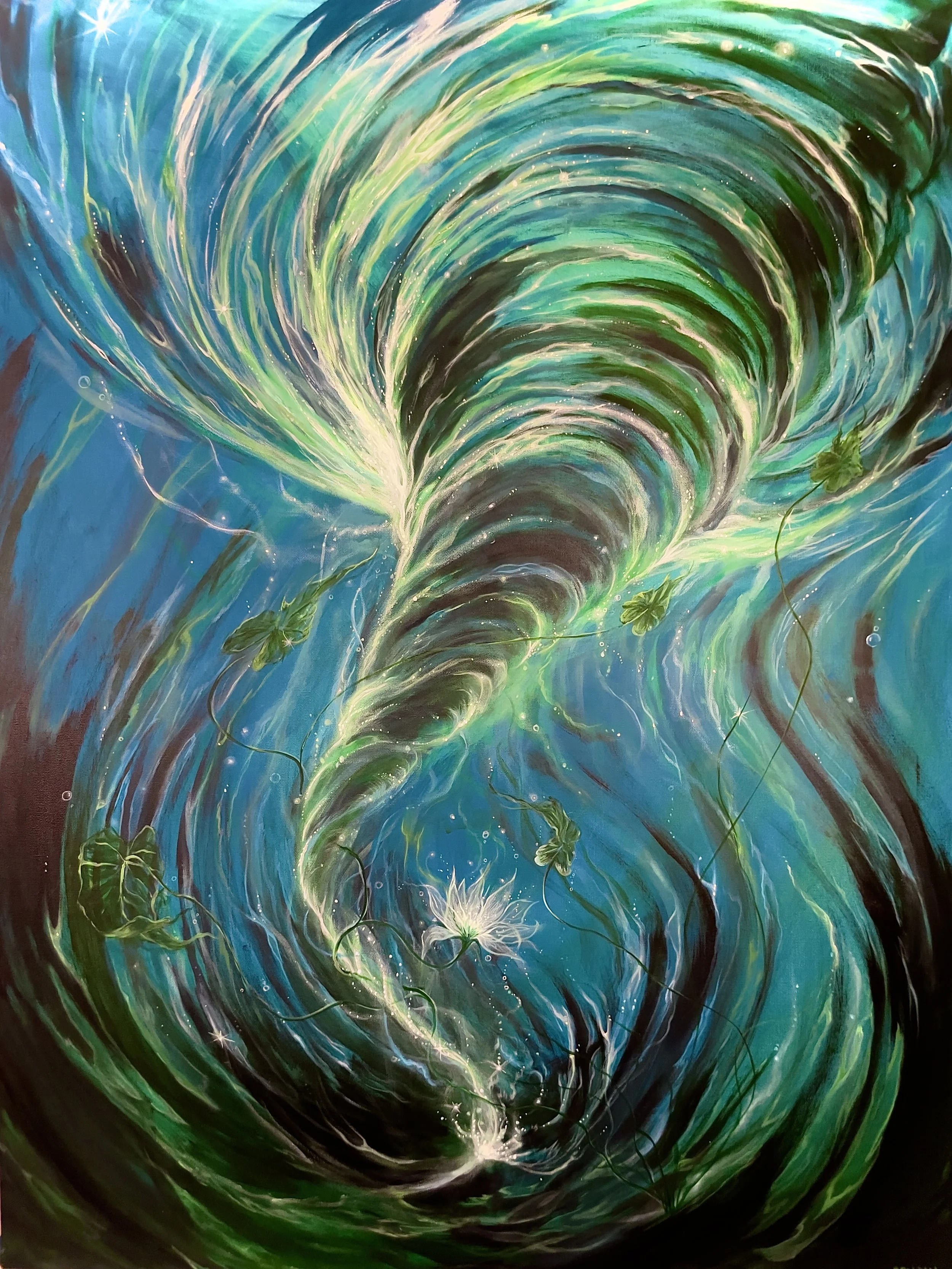 -Matthew-
Gallery Price: $4500	
Bids start at $400
2026	
40x30	Acrylic										

A turbulent whirlpool drags down and destroys a water lily. A metaphorical depiction of my friend Matthew Schroeder who passed from complications of HIV and liver disea