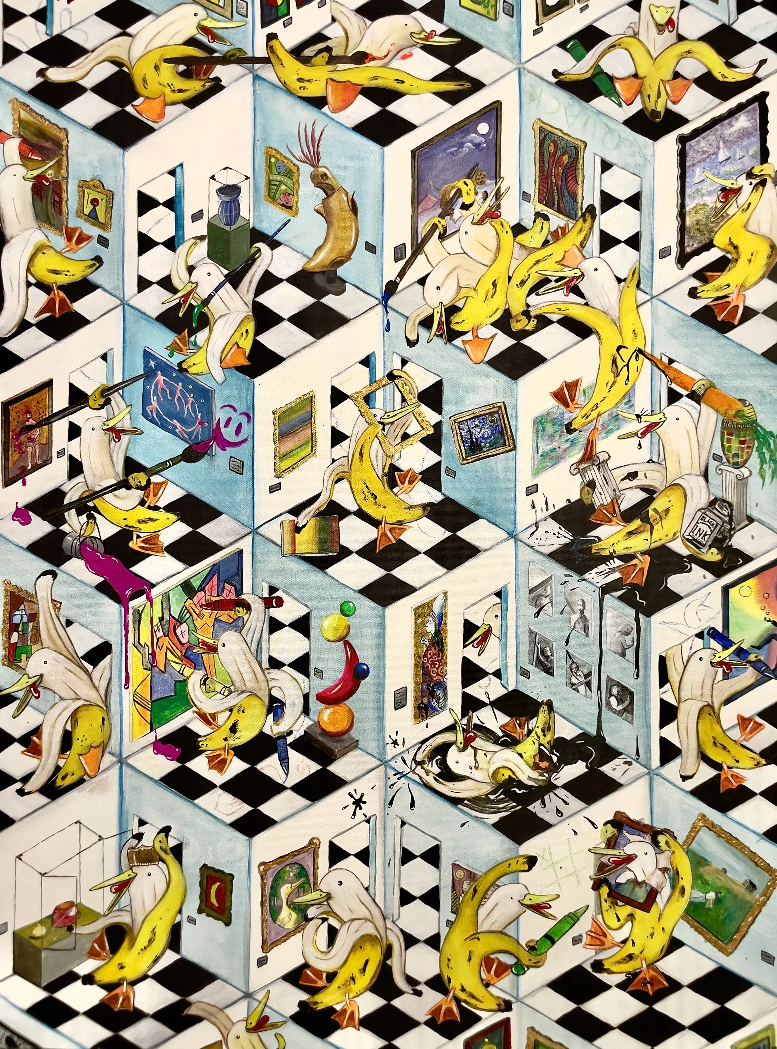 ---BaMoMa----
Gallery listed at $4500
Name your price! Bidding Starts at 1000.
Click the painting to email me your bid.
2021	
40x30	Acrylic	
Part of Banana Duck Clothing Line available at Tinpin.com
		
Banana Ducks on a field trip to a museum- inspir