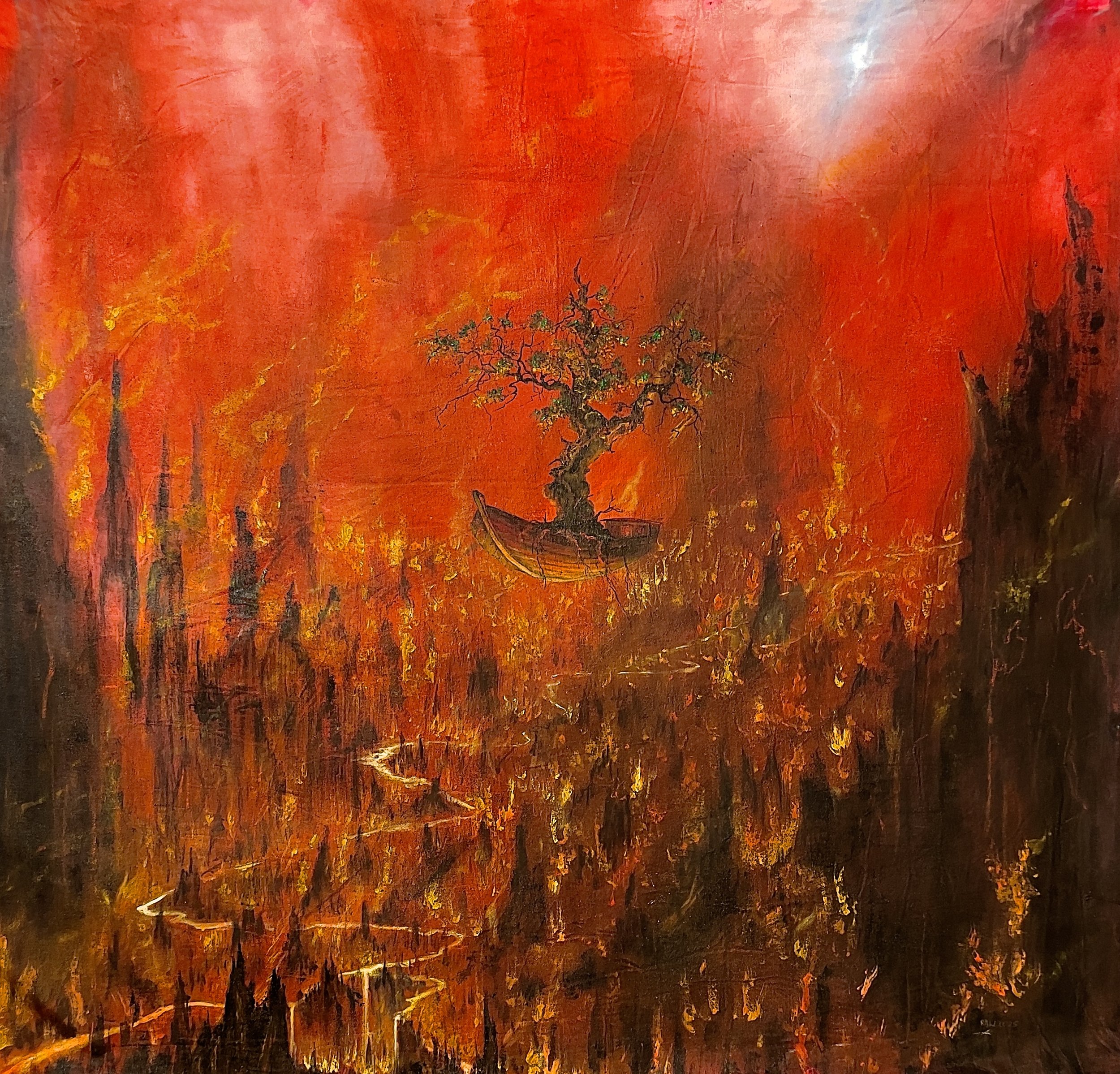 -The Last Tree-
Gallery Price: $1680	
Bids start at $300
2025	
30x31	Acrylic	

As the world literally burns I imagine myself as the last tree on a boat out of hell. It is a metaphor for resilience but also commentary about our collapsing society and 