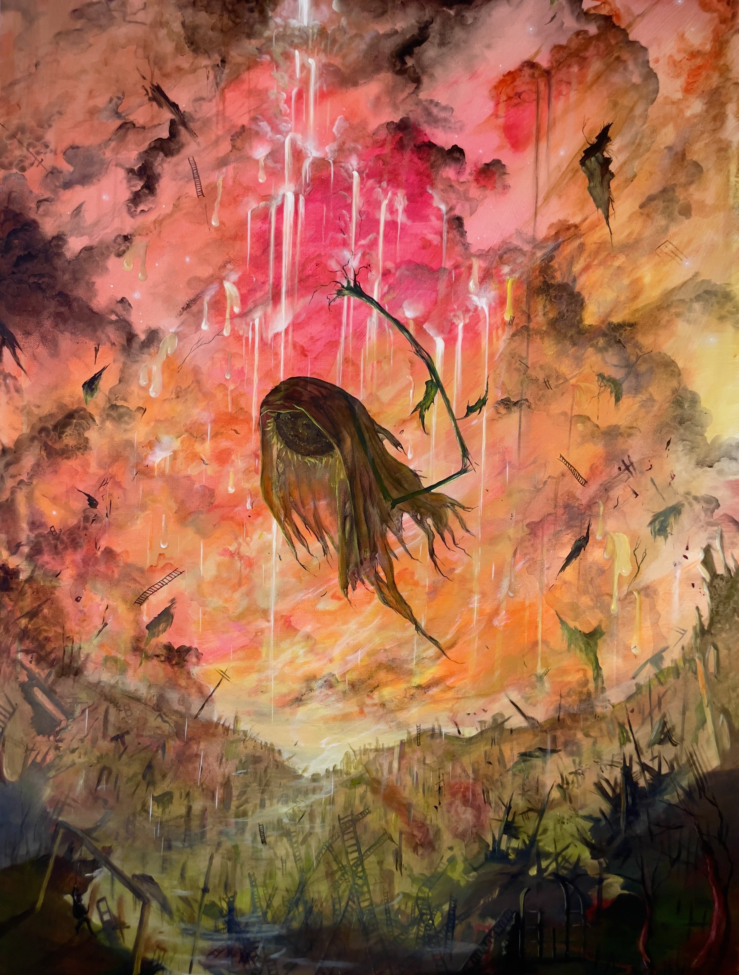 -Momar-
Gallery Price: $4500
Bids start at $300
2026	
40x30	Acrylic	

All gravity has vanished as the world rips to pieces. My mother is depicted as an enormous sunflower being carried ever further away as I sit, exhausted, on my childhood swing-set 