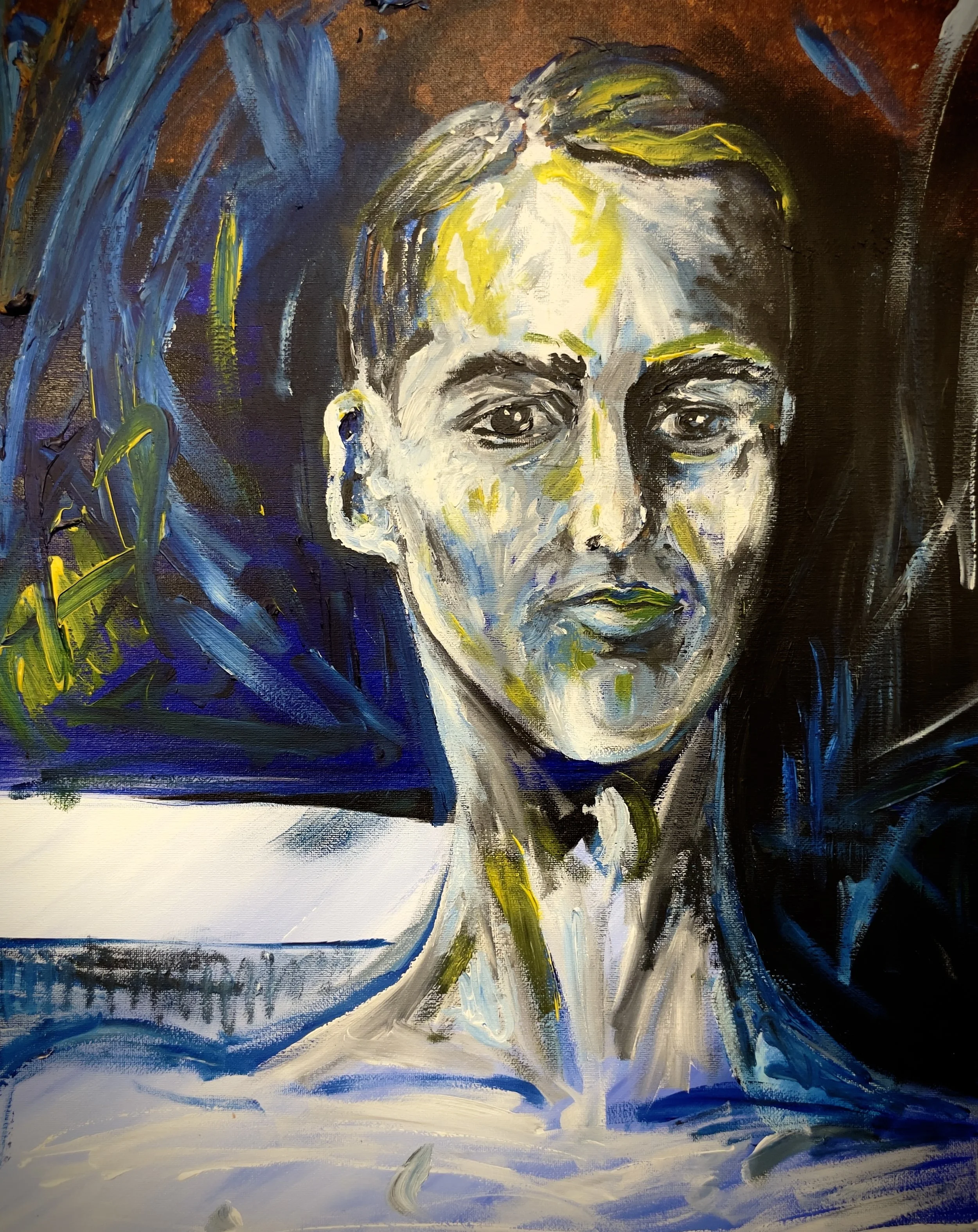 -Four Critics and a Comedian; Nick Smith-	
Gallery price: $360
Bids start at $100
2018	
20x16	Acrylic		

A comedian and friend known for a very, very dry wit.	
