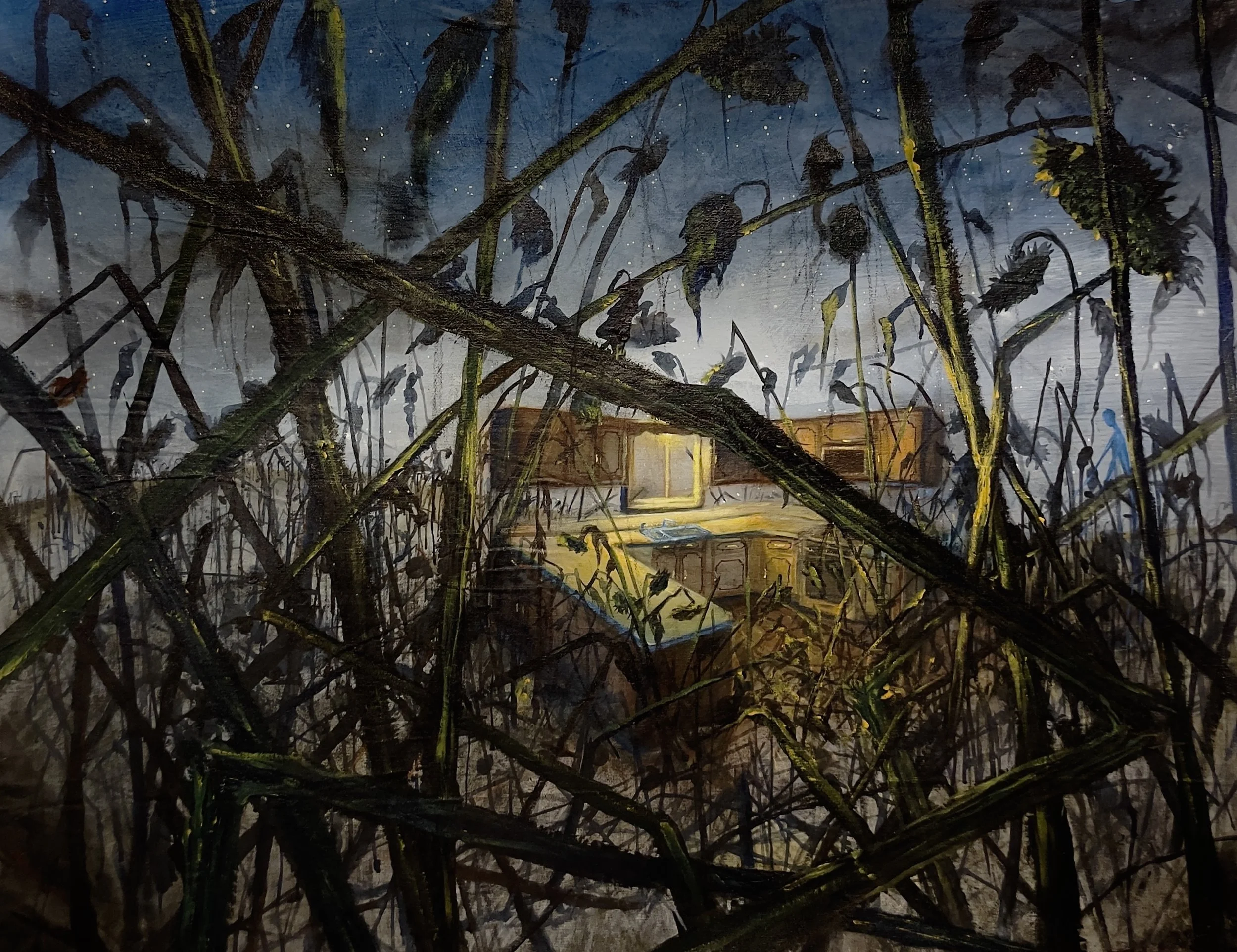 -November Garden-
Gallery Price $1932
Bids start at $175
2025	
23x28 acrylic	
	
My mother's kitchen in a dead sunflower field. God wanders aimlessly through the field, ignoring the carnage.	