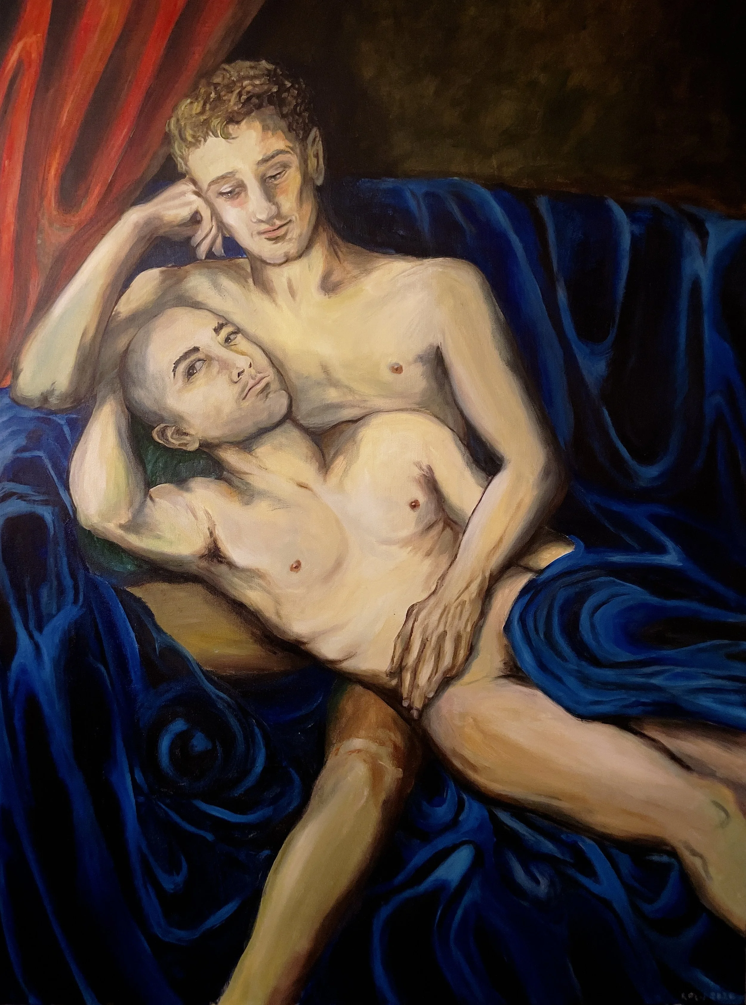 
-Strangers-
Gallery Price: $4500
Bids Start at $400
2026	
40x30 Acrylic	

It has been nearly a decade since I had a boyfriend. I imagine the comfort of young love and the sweetness of someones affection. But I can only obtain it in small handfuls, a