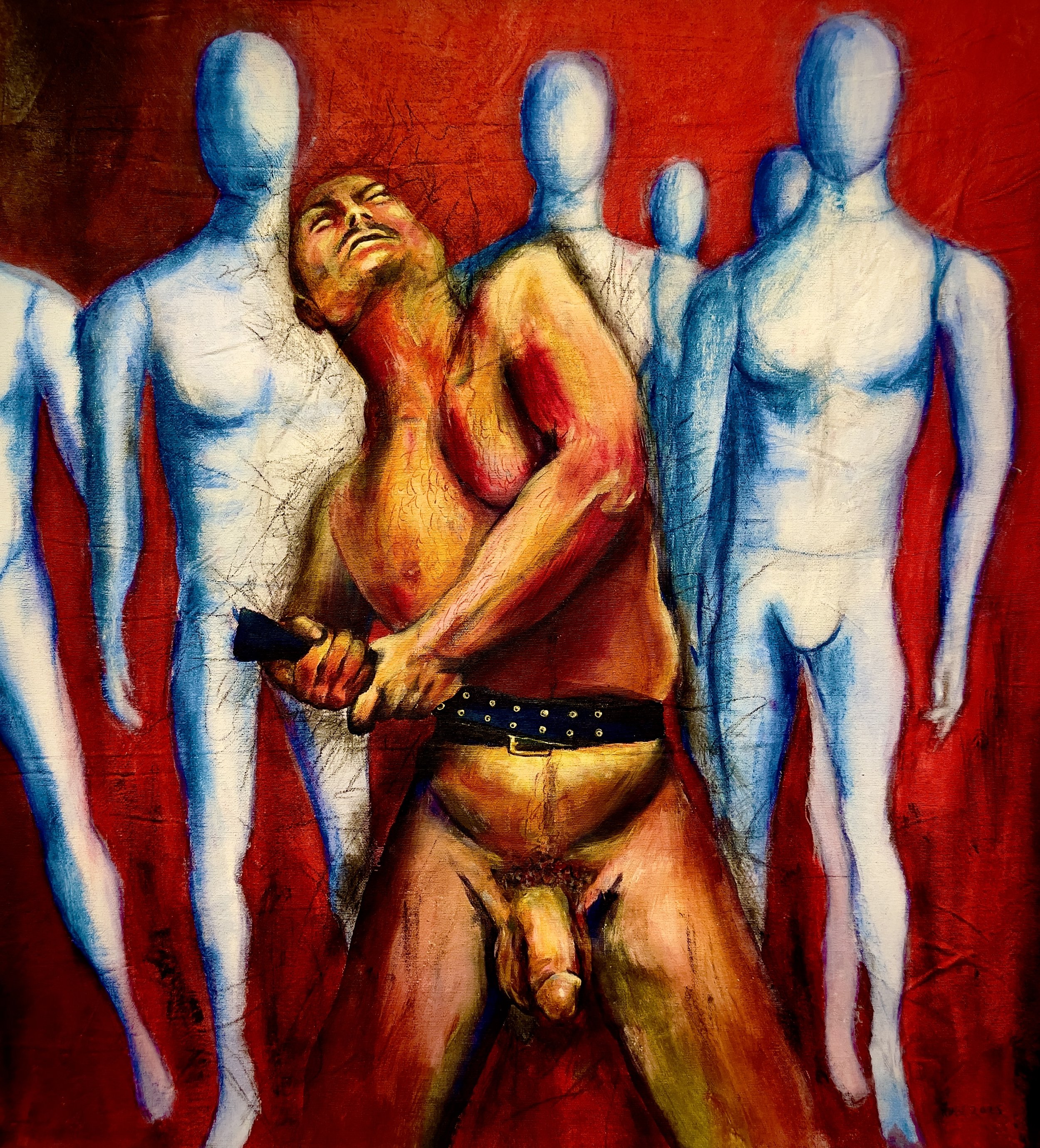 -THIN-
Gallery Price $600
Bids start at $100
2025	
26x23	Acrylic	
	
I have suffered with body dysmorphia since my early teens. Going bald exacerbated my body issues and I am acutely aware of the difference in treatment I receive based on my weight. "