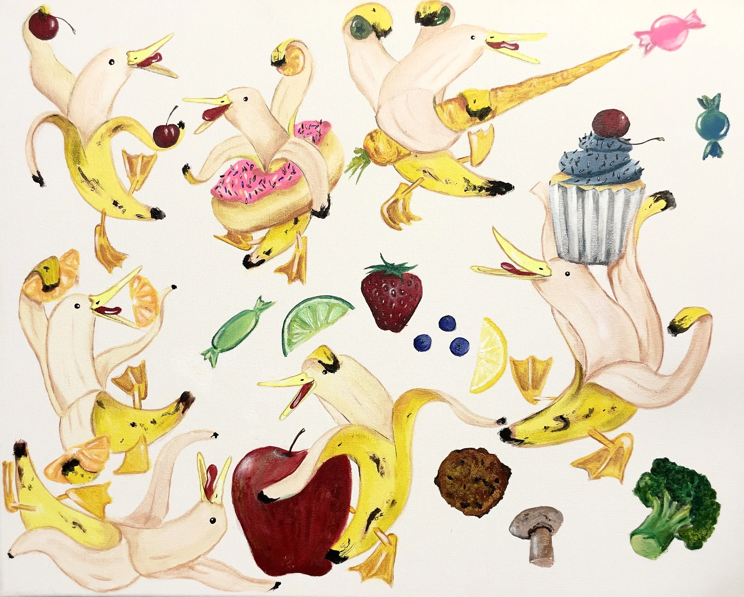 -There Will be Snacks, There Will.-
Gallery price $500
Bids start at $150
2018	
16x20	Acrylic		

Banana Ducks carrying snacks. Eventually used for the TINPIN/Banana Duck collaboration.	