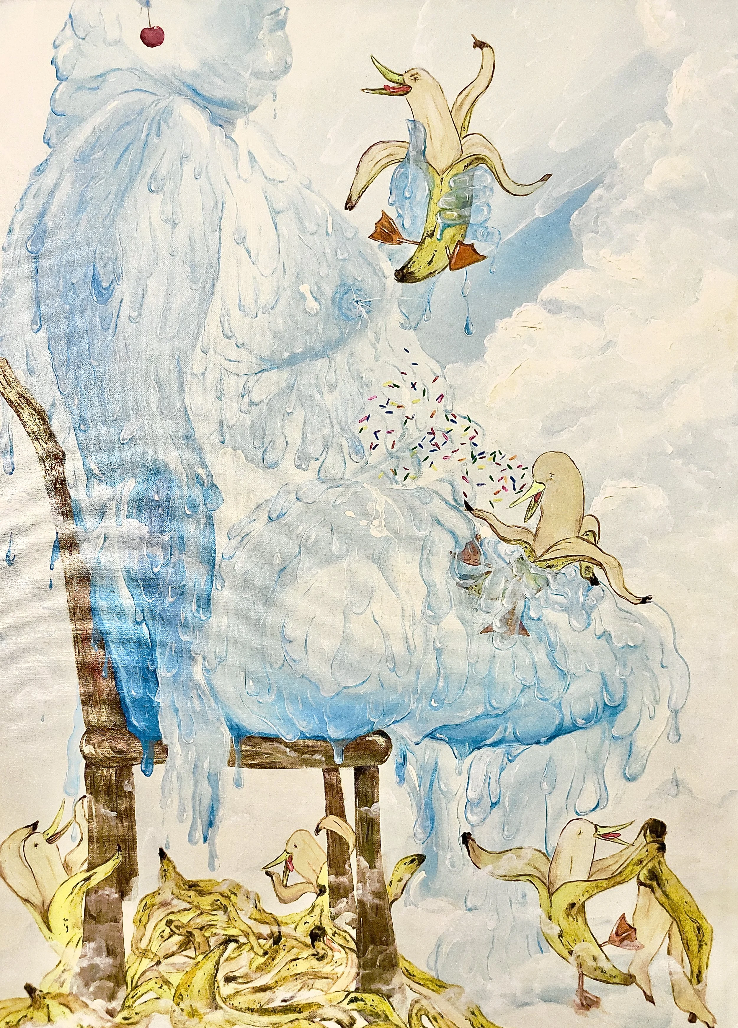 -Happy Tears-
Gallery Bid: $1750
Bidding starts at $300	
2018	
35x25	Acrylic	
									
God sits in heaven devouring creation. Having bruised the banana ducks to make them sweeter- God hungrily inhales them as banana splits. God drips with ecstasy on