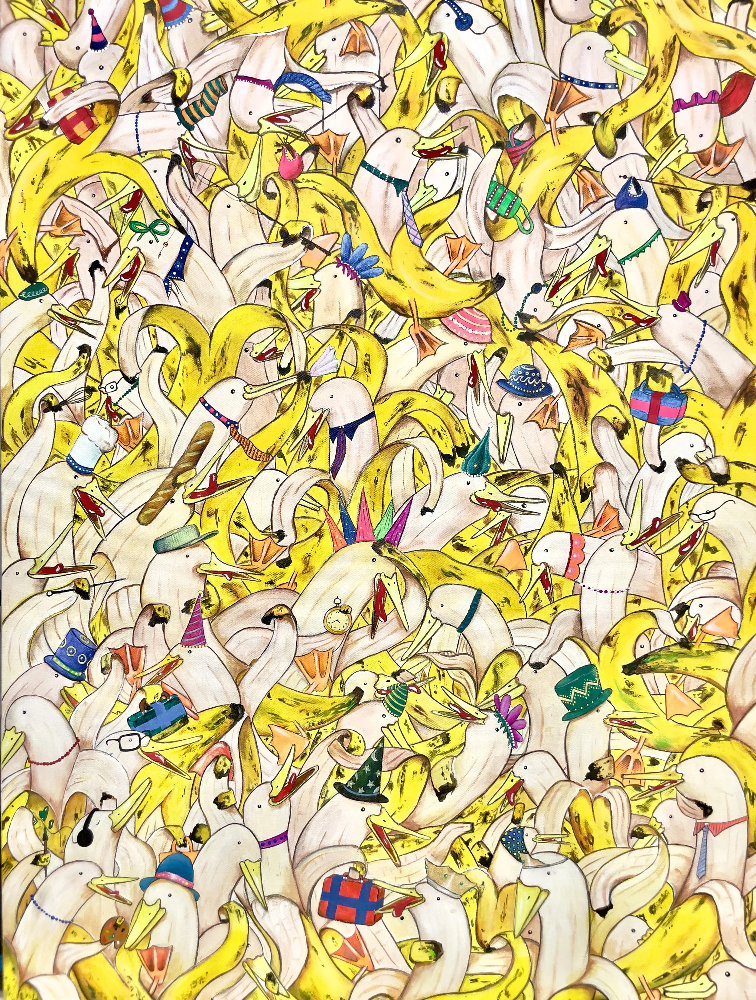 -Banana Jam-
Gallery price: $4500	
Bids start at $1000
2021	
40x30	Acrylic	
Part of Banana Duck Clothing line available at Tinpin.com	

Mindless little creatures in a mad rush to go to their silly little jobs	having no idea why this is what God wants