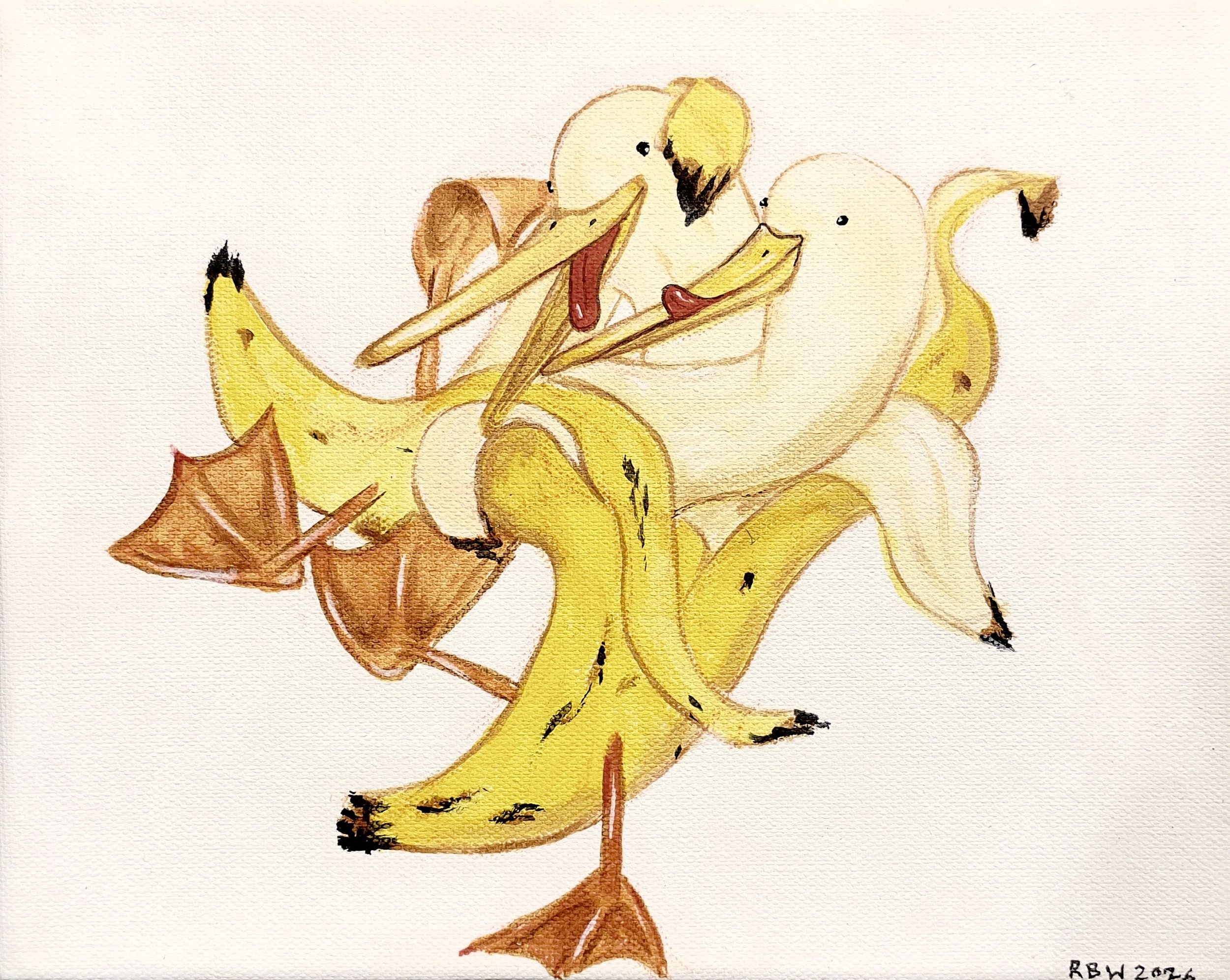 -Just Married-
Gallery price: $160
Bids start at $60
2026	
8x10 Acrylic
		
Happy Banana Ducks who have just tied the knot. They have no gender.	
