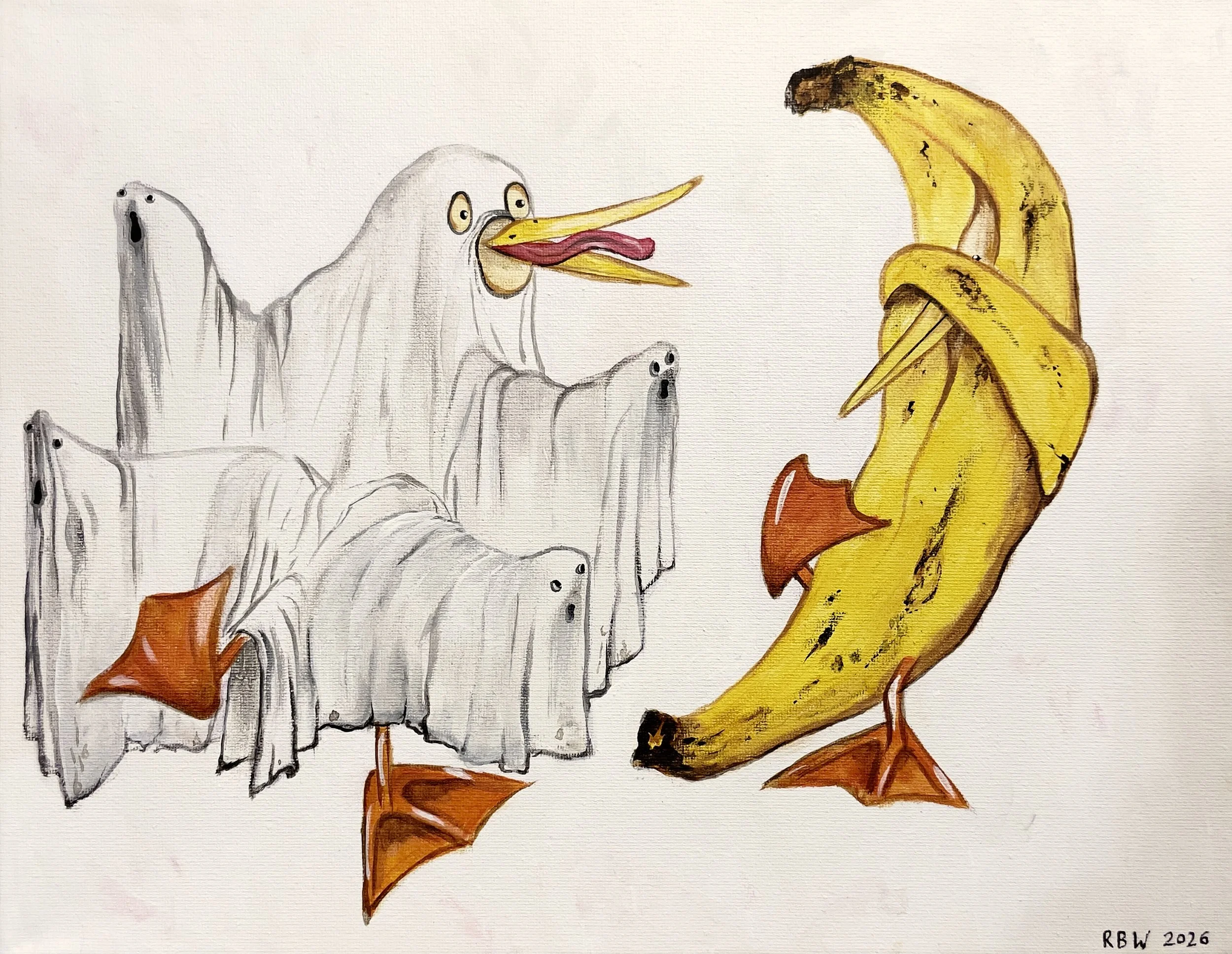 -BOO!	-
Gallery Price: $280
Bids start at $80
2026	
11x14	Acrylic	
	
A banana Duck in a Ghost costume, haunting her son.