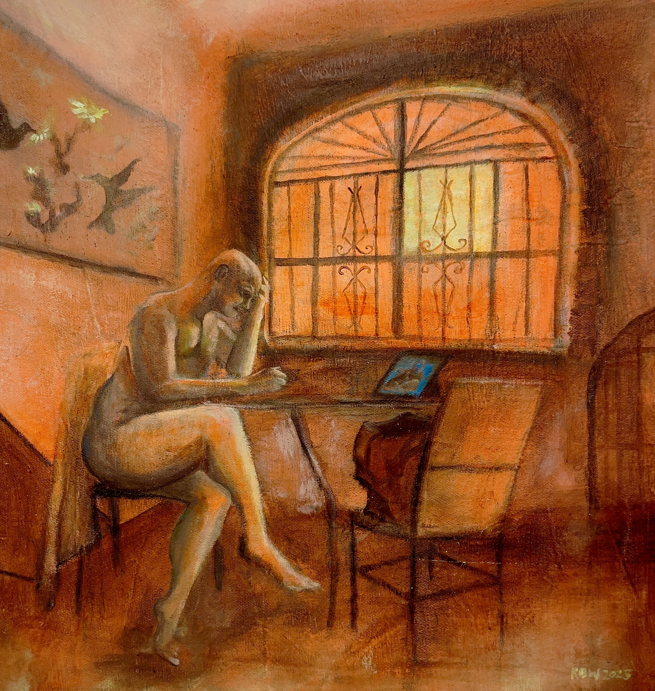 
-News- Self Portrait-
Gallery Price: $280	
Bids start at $50
2025	16x15	Acrylic	
								
I fled to Mexico when Trump was re-elected knowing that terrible things were ahead for the United States and i didn't want to be caught up in it. This is a sel
