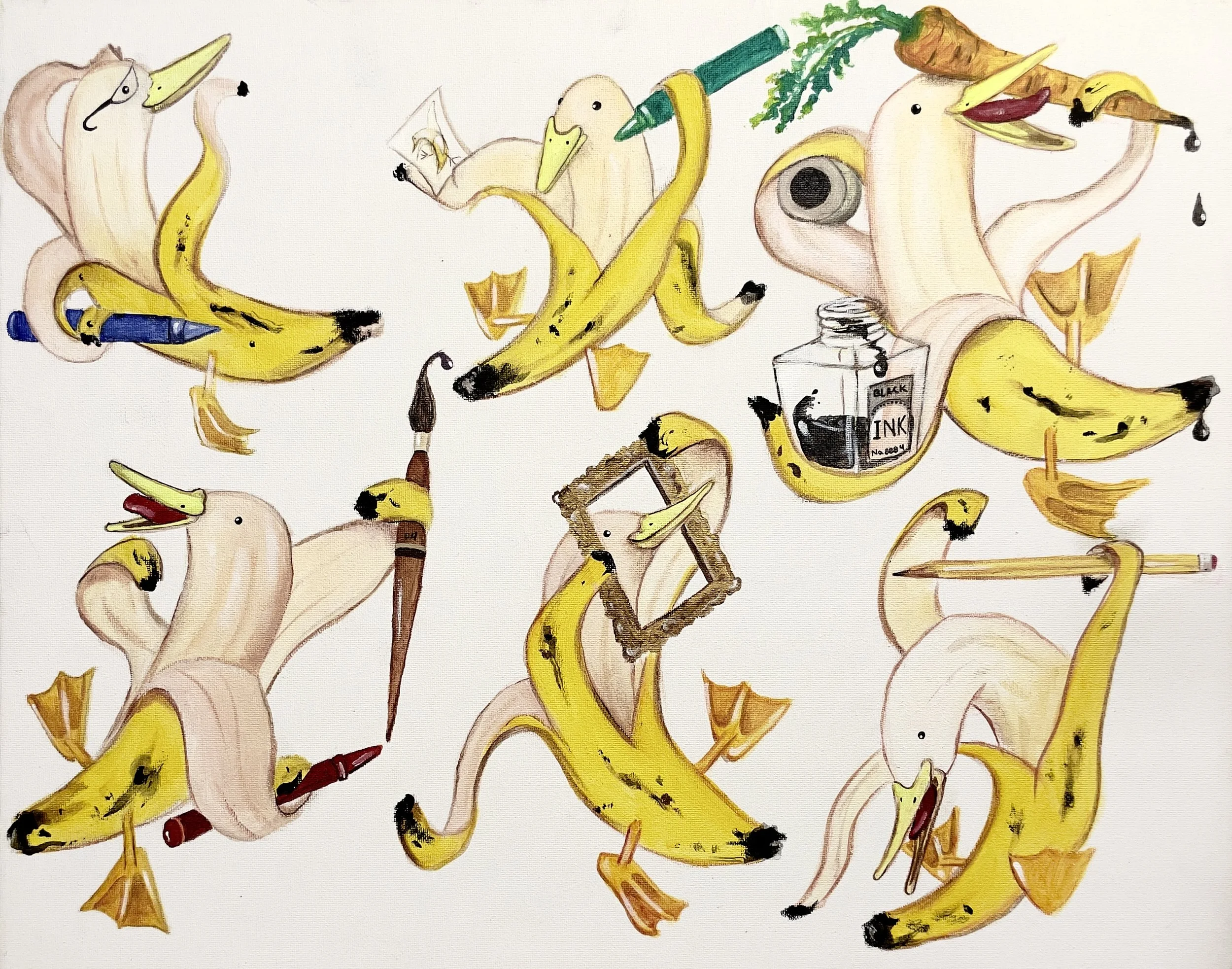 -Art Class -
Gallery price: $500
Bids start at $150
2021 
16x20	Acrylic
	
Playful Banana Ducks eventually used for the TINPIN/Banana Duck clothing line collaboration					
