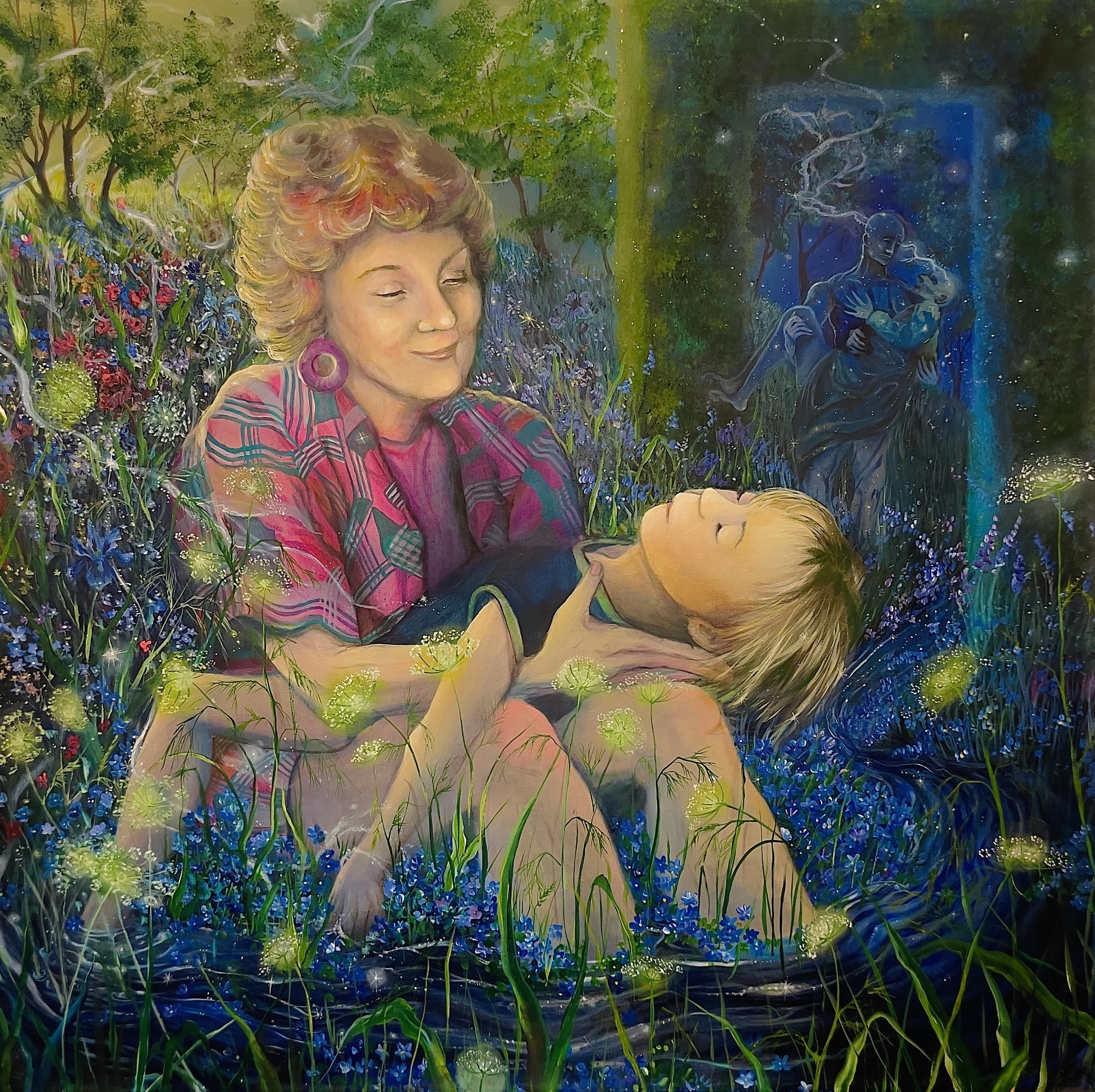 
-The Garden-	
Gallery Price $5780
Bids start at $500
2025	
40x40 Acrylic

My Mother had a beautiful garden. I am connected to her in our belief in tomorrow. Here she cradles me as a child, while I cradle her in her final days. I am in Sky God Blue- 