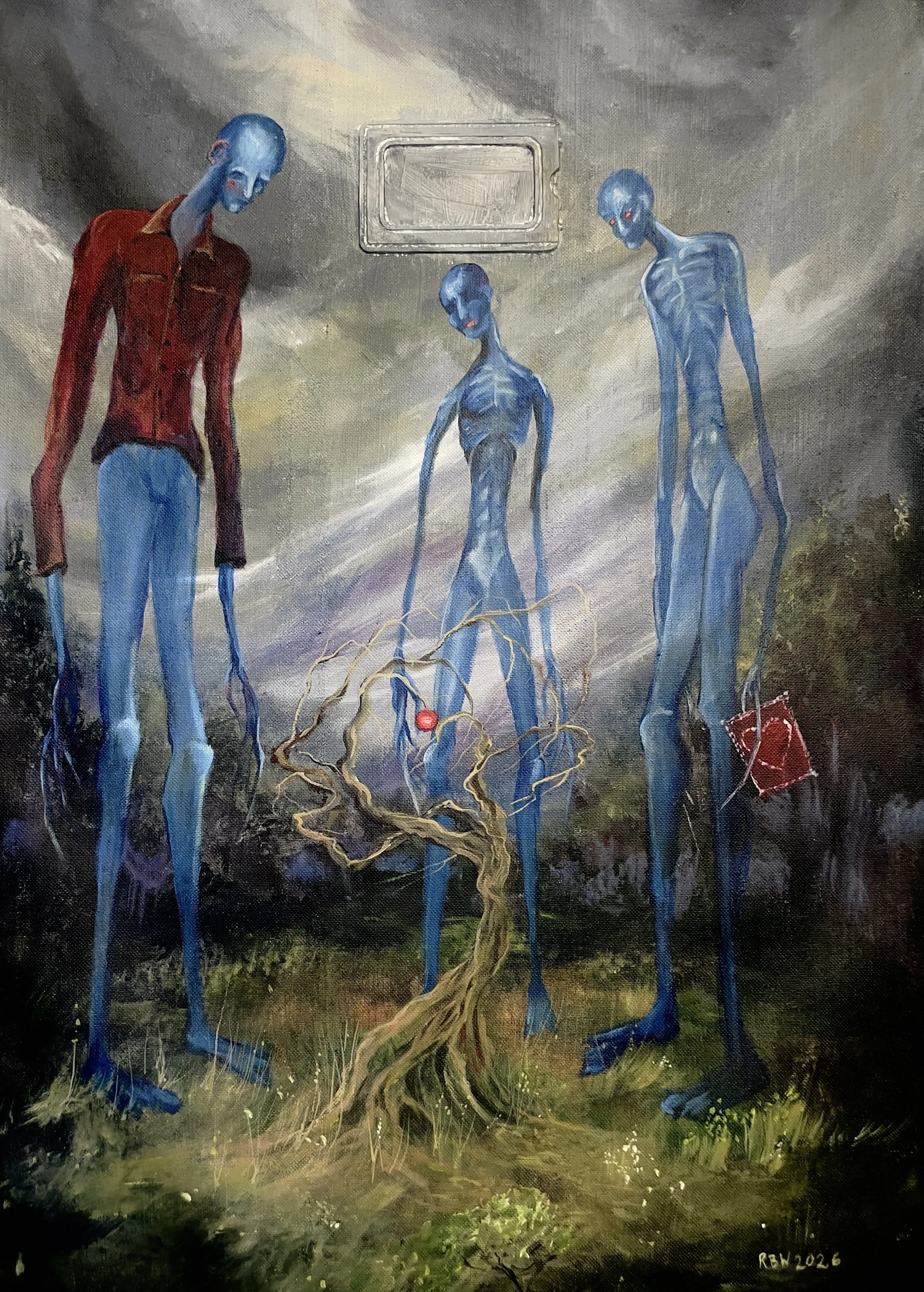 
-The Apple Tree/The Apple- Double sided- painting
Gallery Price $918
Bids start at $80
2026	
27x17	Acrylic on Suitcase Fabric	
	
God as the trinity wearing reminders of joy, greedily looking at an apple.	Apple Image is on reverse side of The apple t