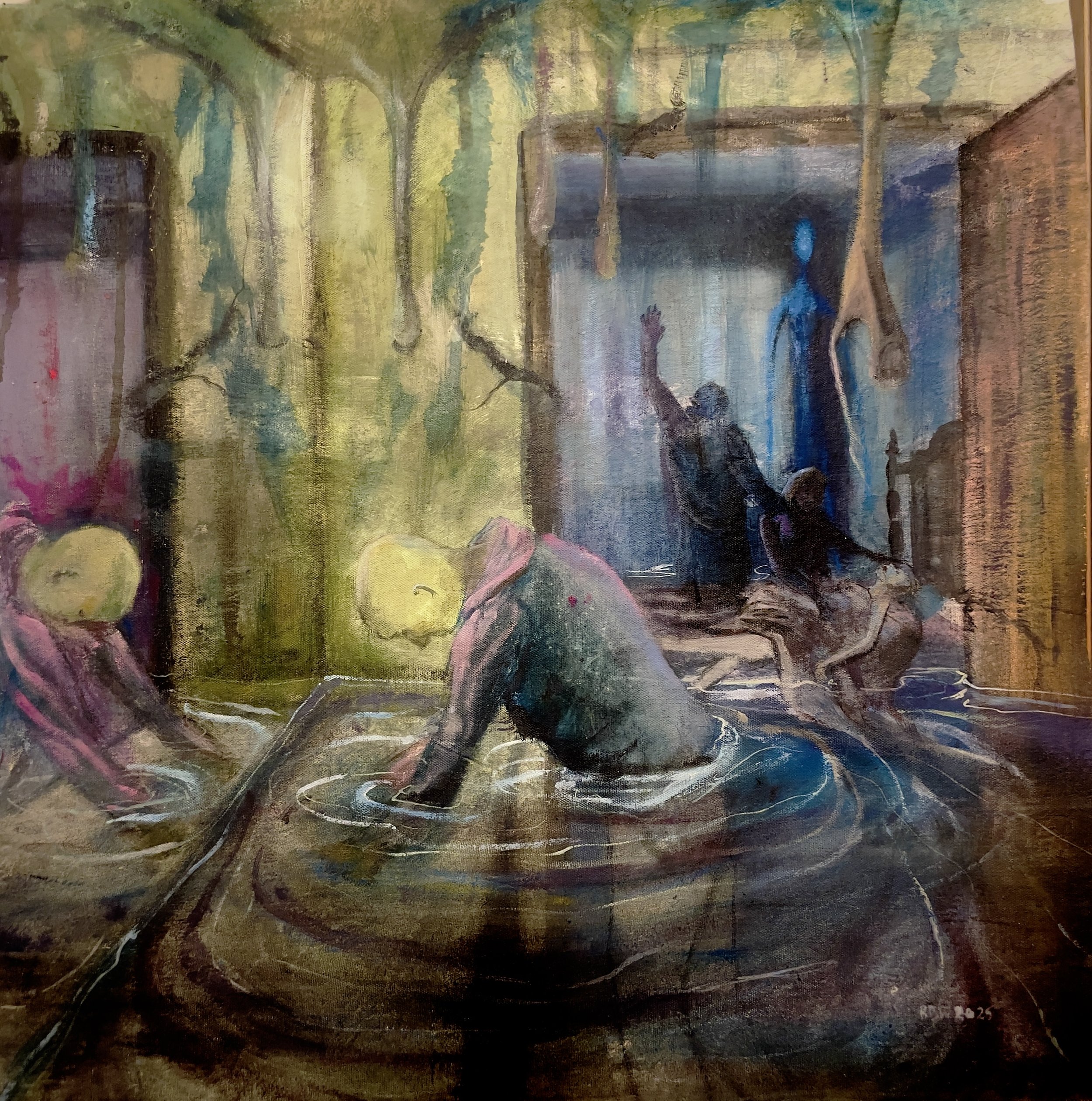 -Preying Over Mother-
Gallery Price: $530	
Bids start at $80
2025	23x23	Acrylic																				
This depicts the moment my Aunt and Uncle came to pray over my Mother in her last days. They hadn't called or checked in on us the entire time I was h