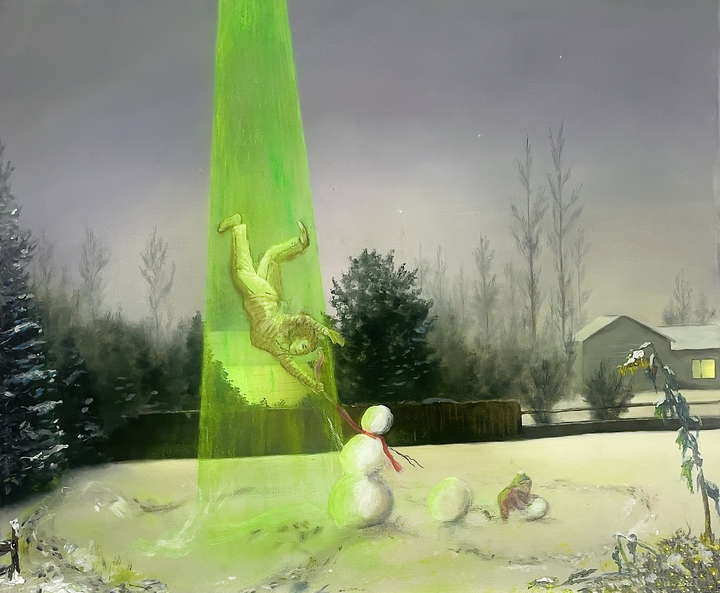 
Cancer
Gallery Price: $1400
Bids start at $100
2025	
20x25 Acrylic and Oil	
									
A collaboration with Artist Shari Chandler. She created a snowy landscape which I then reinterpreted as my mother being abducted by aliens. A metaphor for cancer t