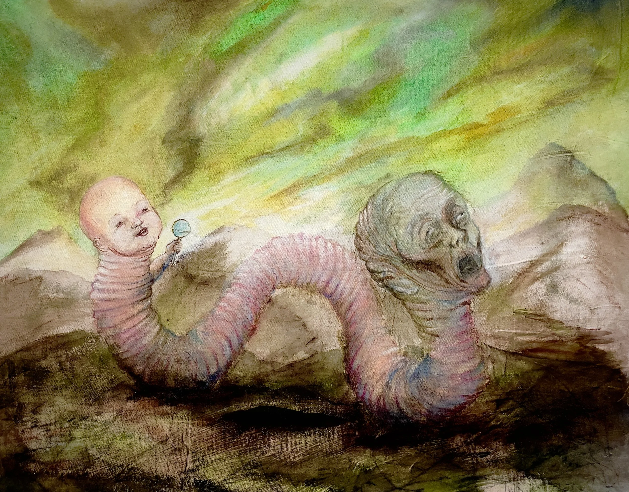 -Two Rattles-
Gallery Price: $560
Bids start at $75
2025	
21x27	Acrylic	
	
Time does not exist. Each person is a worm with two rattles. A baby rattle and a death rattle. The grief pit it eventually crawls into is present. Grief will eventually crawl 
