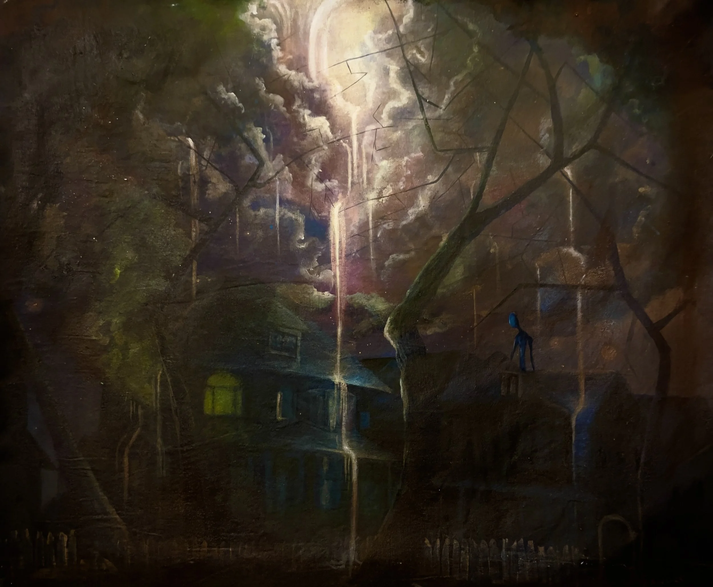Falling Sky	
Gallery Price: $585
Bids start at $75
2025	
23x26	Acrylic	
							
My dream of marrying young and raising a family is drowned under the weight of a falling sky as God wanders about not giving a fuck about my aspirations.