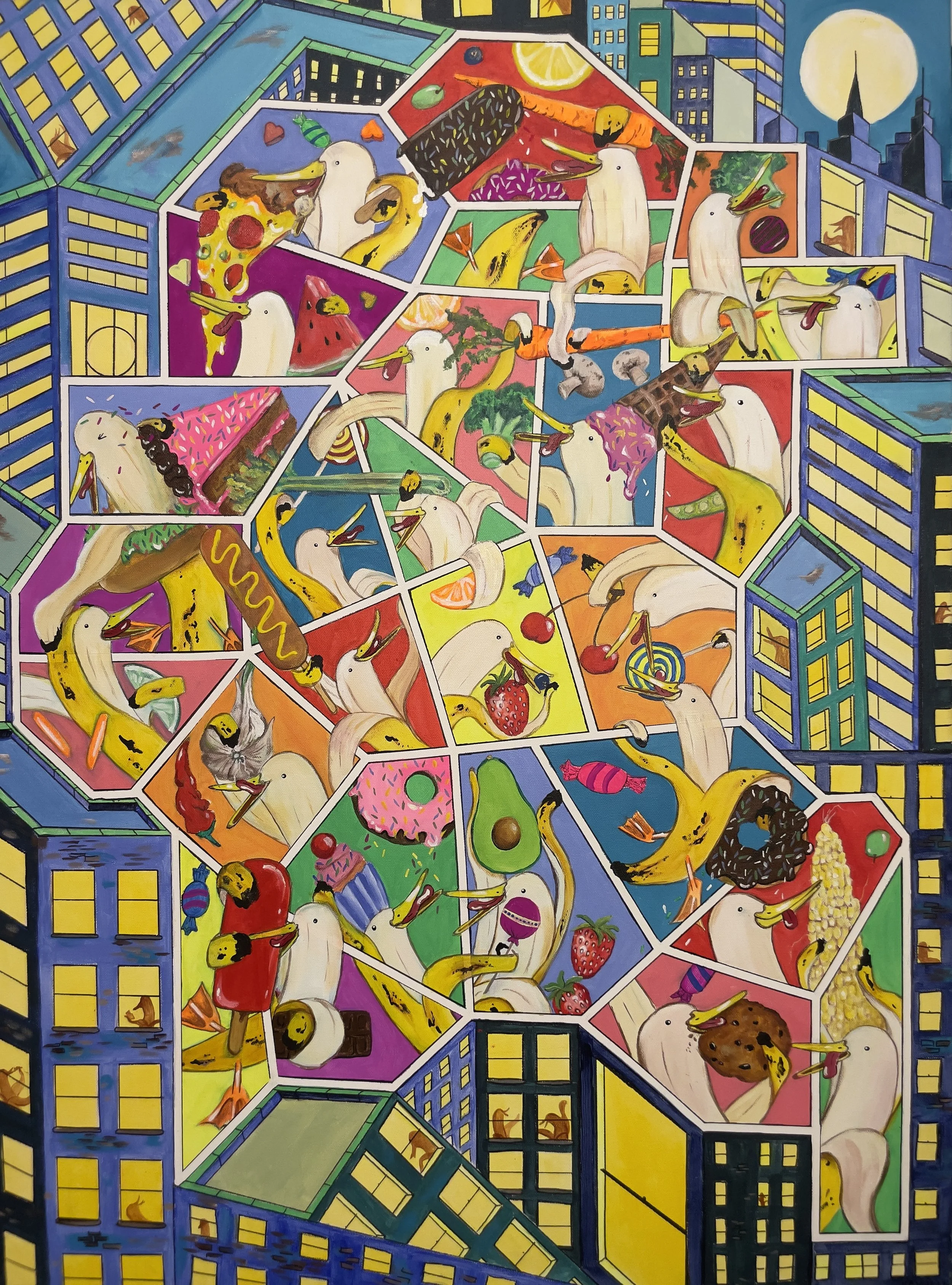 --Snack Attack--	
Gallery price $3800
Bids start at $1000
2020	40x30	Acrylic	Part of Banana Duck Clothing Line. Clothing available at Tinpin.com

Banana Ducks fight it out to see what snacks win! Will it be the healthy snacks or the junk food? 		

