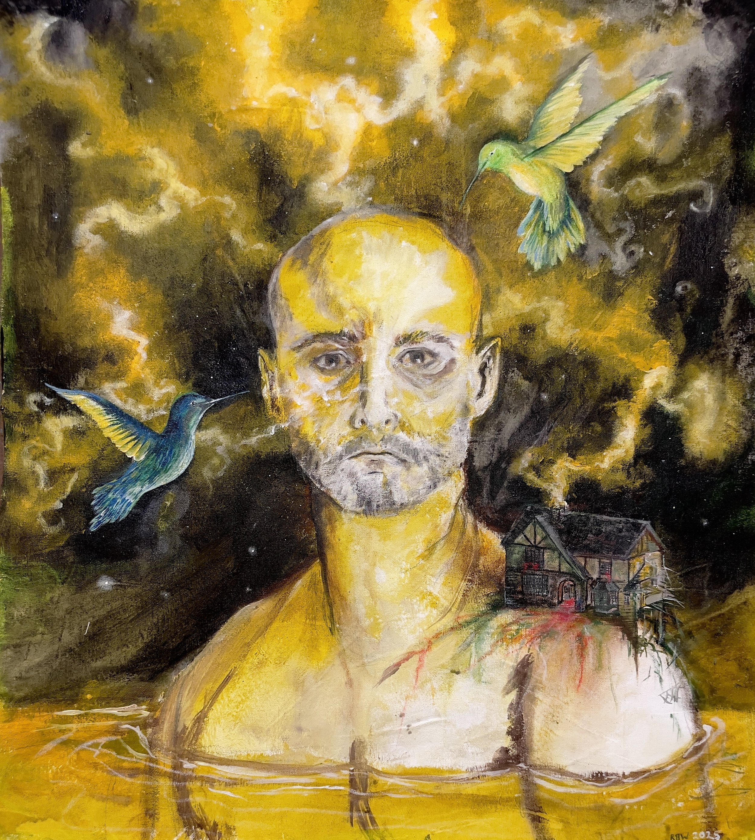 -Self Portrait- Mother Smoke-
Gallery Price: $1200	
Bids start at $80
2025	
25x22 Acrylic	

A self portrait depicting the moment I smelled my mother's burning body as it was cremated. The smell of home being obliterated and my childhood ending. Two h