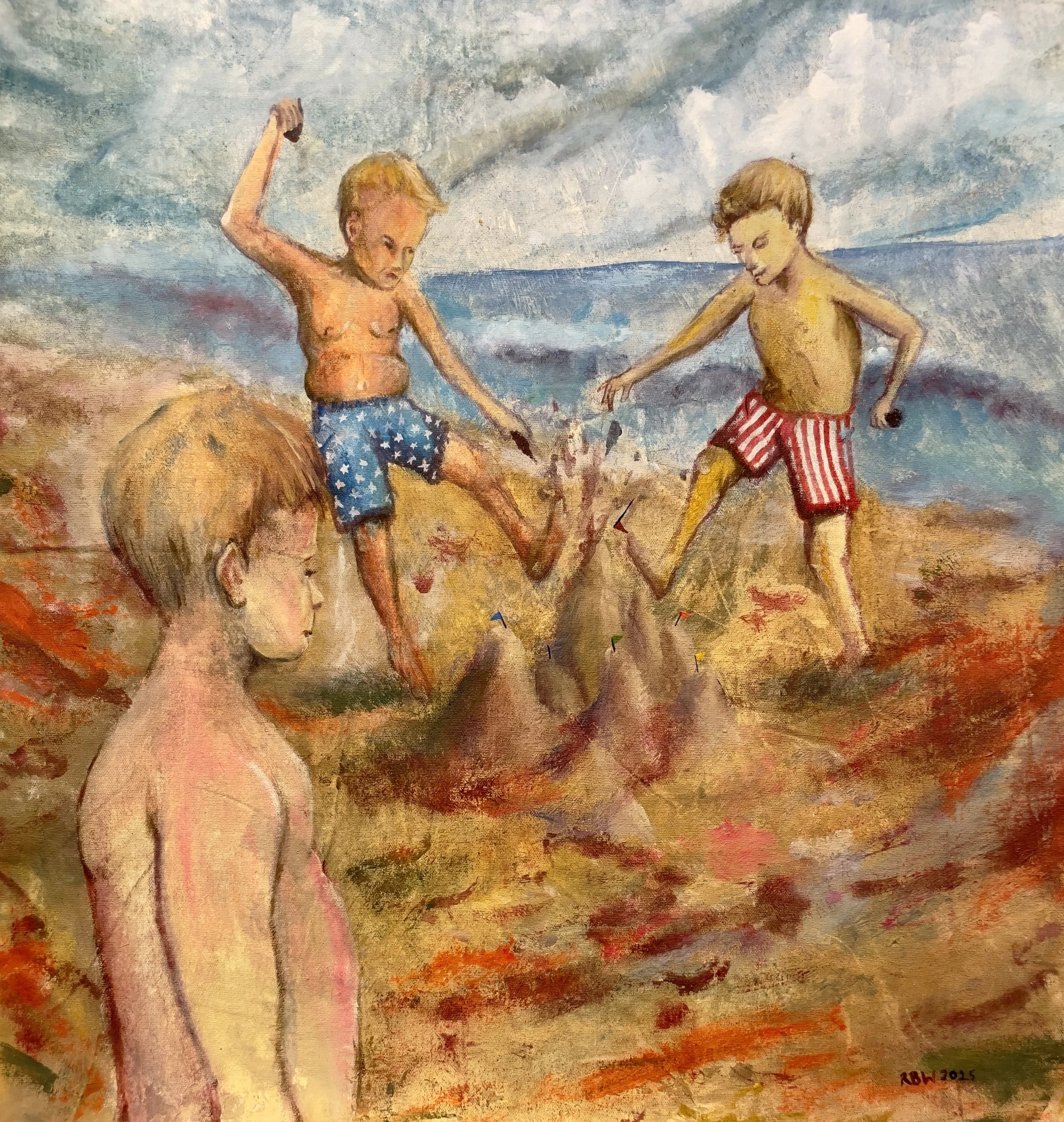 -Fascists-
Gallery Price: $575
Bids start at $75
2025	
25x23	Acrylic	

Donald Trump and JD Vance depicted as shitty little kids fucking up my sand castle with rainbow flags. A metaphor for the destruction of LGBTQ+ rights.