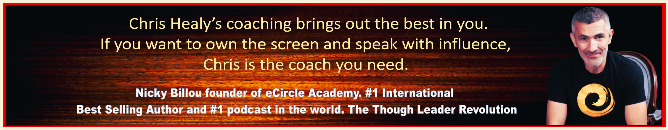 Banner promoting Chris Healy's coaching services with a portrait of Chris Healy on the right, set against a sunset background. Text highlights his credentials as founder of eCircle Academy, best-selling author, and podcast host.