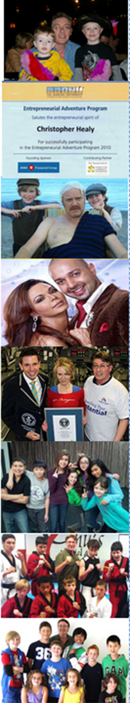Collage of six photos, including a graduation with a diploma, a man with children at a beach, a couple in formal attire, a group of young professionals, children with a coach, martial arts students, and children with a man in sports gear.