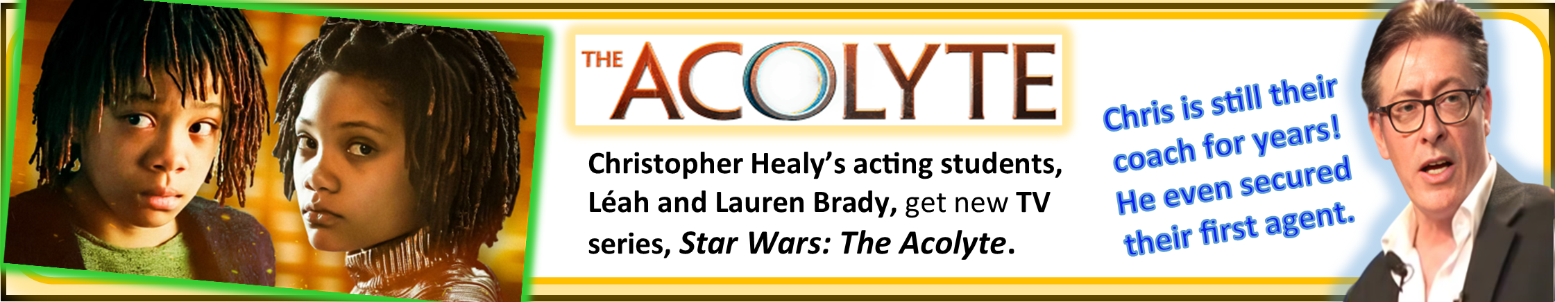 Banner promoting the TV series 'Star Wars: The Acolyte' featuring two young women with dreadlocks, a man in glasses, and bold text with series information.