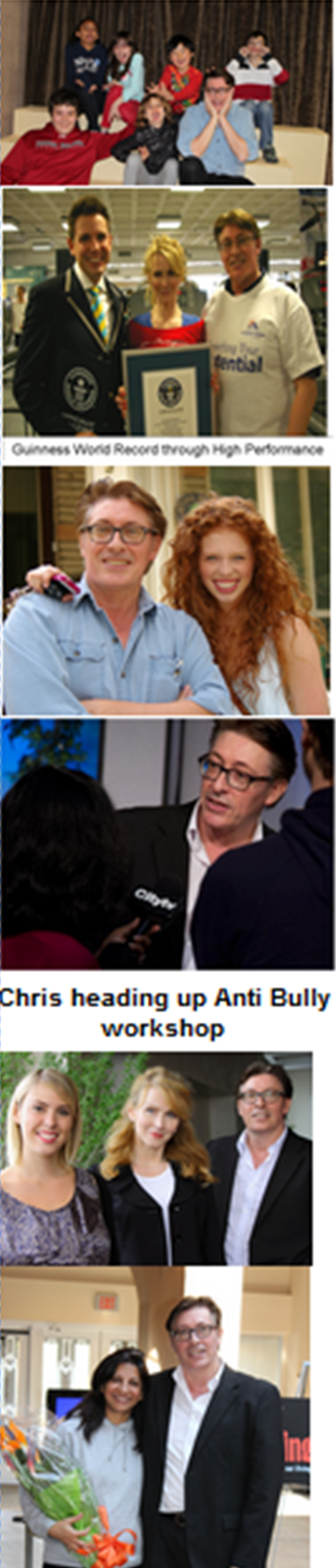A collage of five photos. The top photo shows smiling kids sitting on a white couch in front of a curtain. The second photo features three adults, one holding a Guinness World Record certificate. The third photo shows a man and woman outdoors, smiling. The fourth photo depicts a man being interviewed on camera about an anti-bullying workshop. The fifth photo shows two women and a man indoors, smiling, with one woman holding a bouquet of flowers.