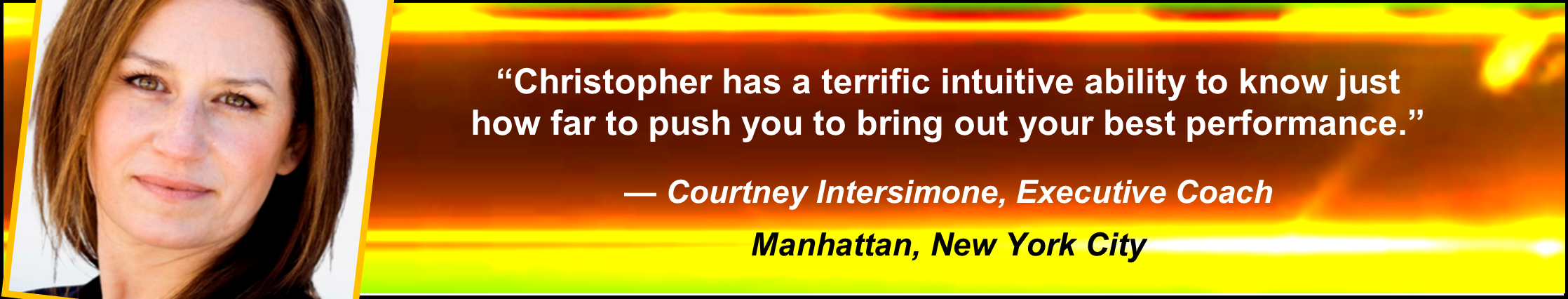 A woman with reddish-brown hair and fair skin. A quote advertising Courtney Intername, an executive coach, on a colorful background.