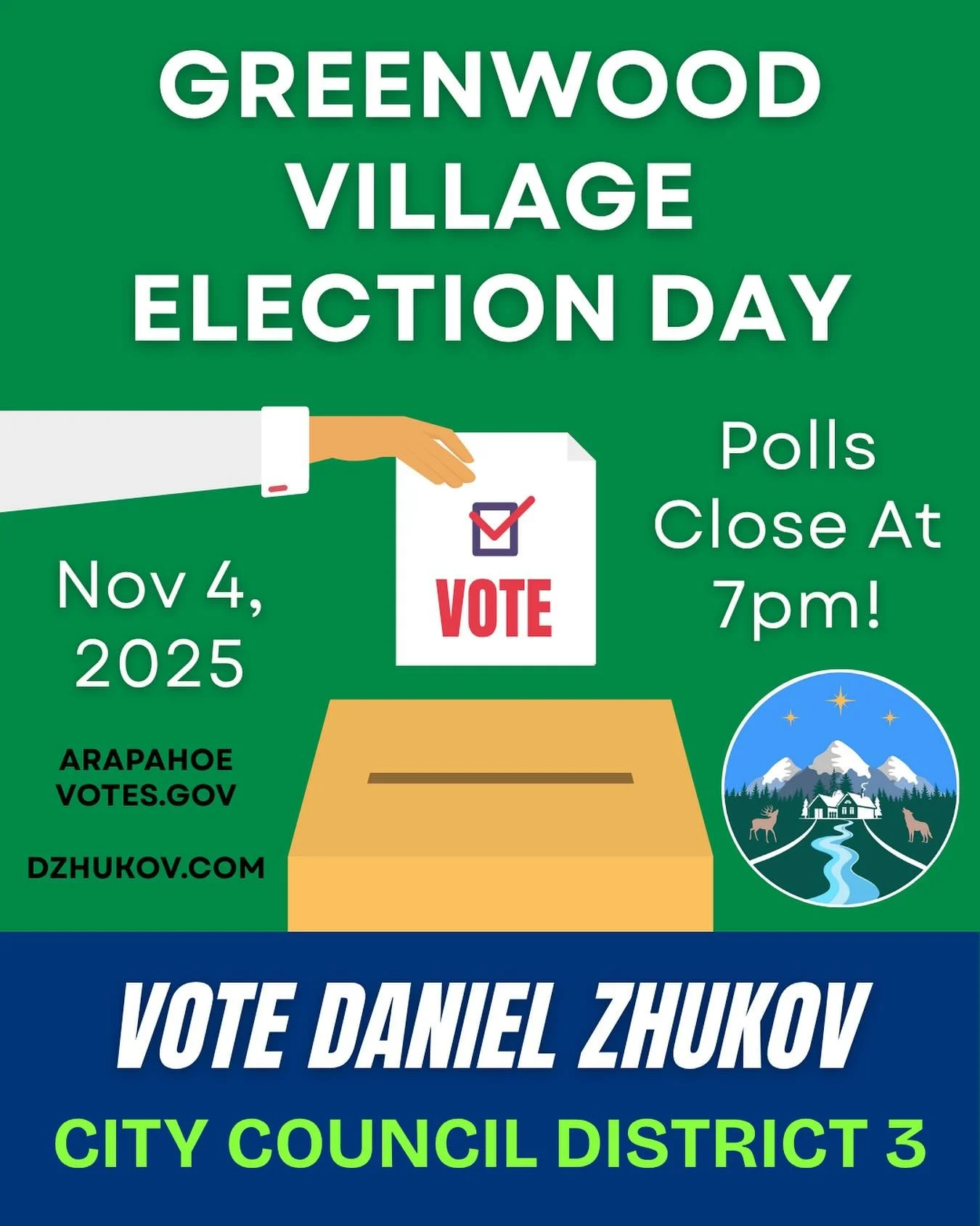 5 Hours To Go! This Is Your Last Chance To Make A Difference! Find A Ballot Drop Box Or A Polling Center Near You! Stop By After Work, Or Go On Your Lunch Break! Every Vote Counts!

#GreenwoodVillage #VoteDanielZhukov #TogetherWeThrive #colorado #ara