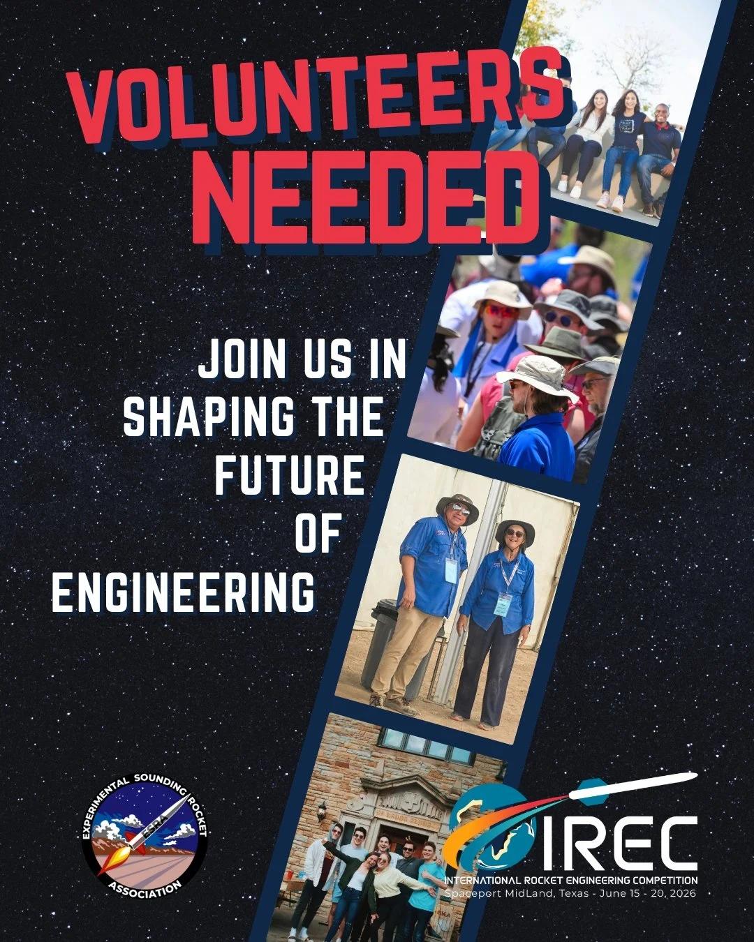 From planning to launch day, ESRA volunteers make the 2026 IREC possible in Midland, TX.
Join us in supporting 170 plus collegiate rocketry teams and the engineers building tomorrow. 

Find out more at www.esrarocket.org

#VolunteersWanted #StudentRo