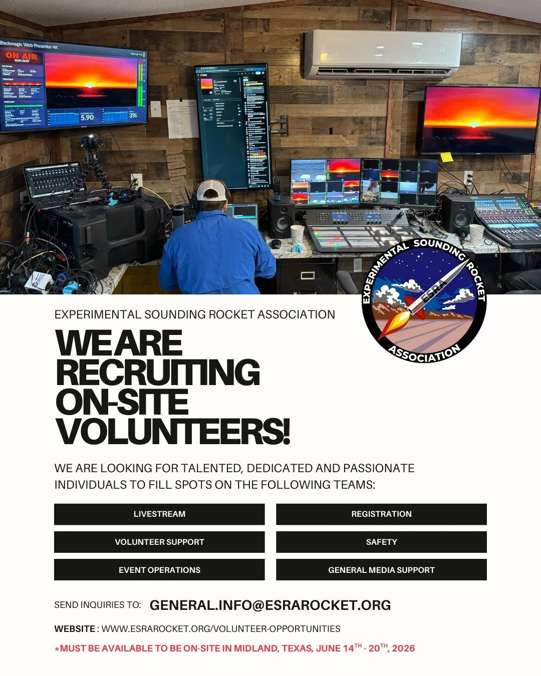 ESRA is seeking On-Site Volunteers for the 2026 International Rocket Engineering Competition (IREC) taking place from June 15th to 20th, 2026, in Midland, Texas. Current volunteer opportunities include Livestream, Registration, Volunteer Support, Saf