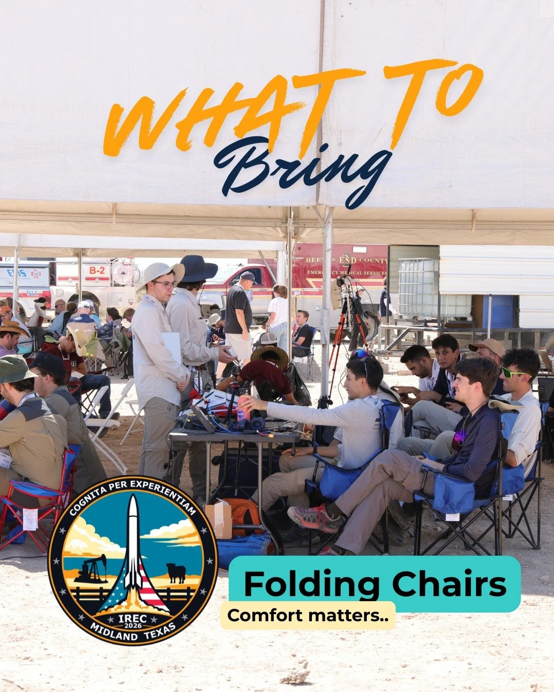 This week's reminder: Don't forget to pack folding chairs for your team! The comfier the better. 

#ESRA #IREC #whattobring