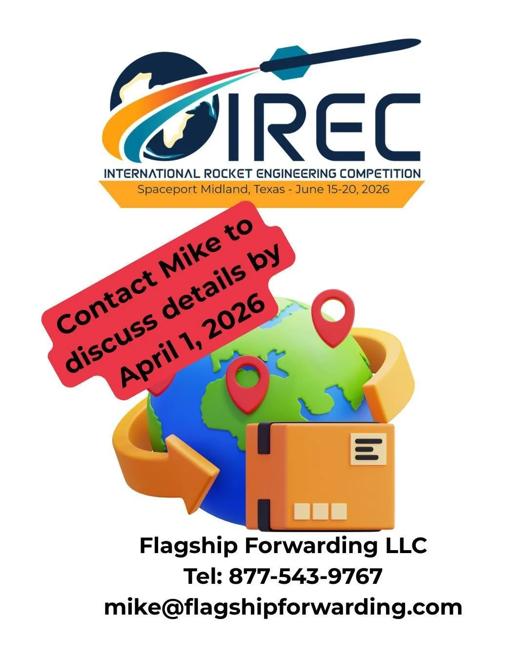 Teams must make initial contact to Shipping Coordinator, including submission of a Shipment Declaration Form with cargo details and team contact details, NO LATER than April 1, 2026.

Flagship Forwarding LLC
Tel: 877-543-9767
Email: mike@flagshipforw