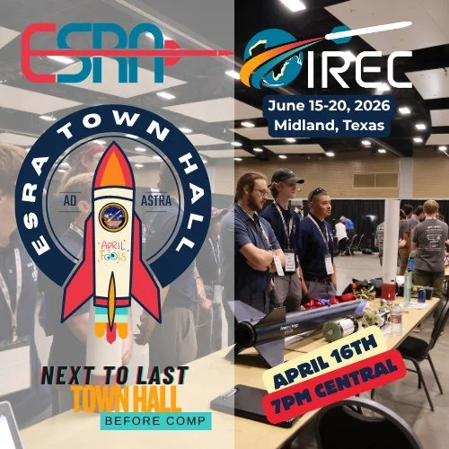 Mark your calendars to join the ESRA Staff for the next to last town hall before the 2026 IREC on Thursday, April 16that 7PM Central. You can access the zoom link at https://www.esrarocket.org/2026irec We'll see you there!

#ESRA #IREC #townhall