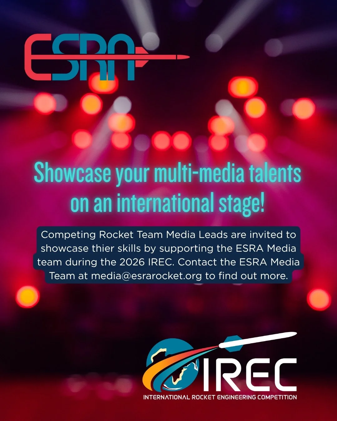 Showcase your multi-media talents on an international stage and show case your skills by supporting the Experimental Sounding Rocket Association (#ESRA) Media team during the 2026 International Rocket Engineering Competition (#IREC). Email media@esra
