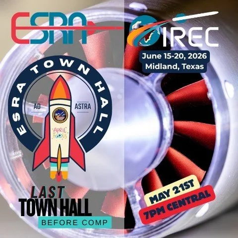 Join us for the final 2026 IREC Town Hall before the competition on May 21st at 7 PM CST. This is a crucial opportunity for all participants to get last-minute updates and ask questions. Visit www.esrarocket.org to access the Zoom link and be part of