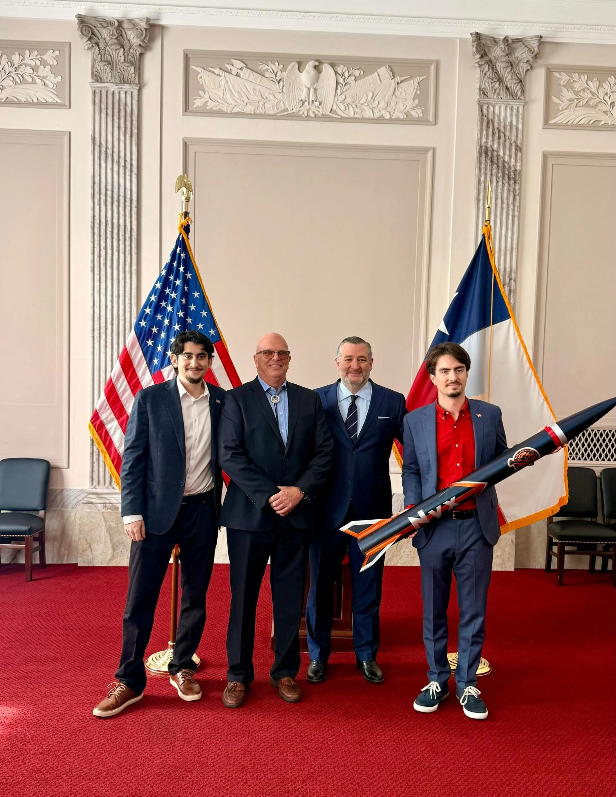ESRA President Steve Taylor, ESRA Government Relations Representative Logan Herrera, and ESRA FAA Representative Brahm Soltes had the pleasure of meeting with Texas Senator Ted Cruz this morning to discuss the future of Student Designed High Powered 