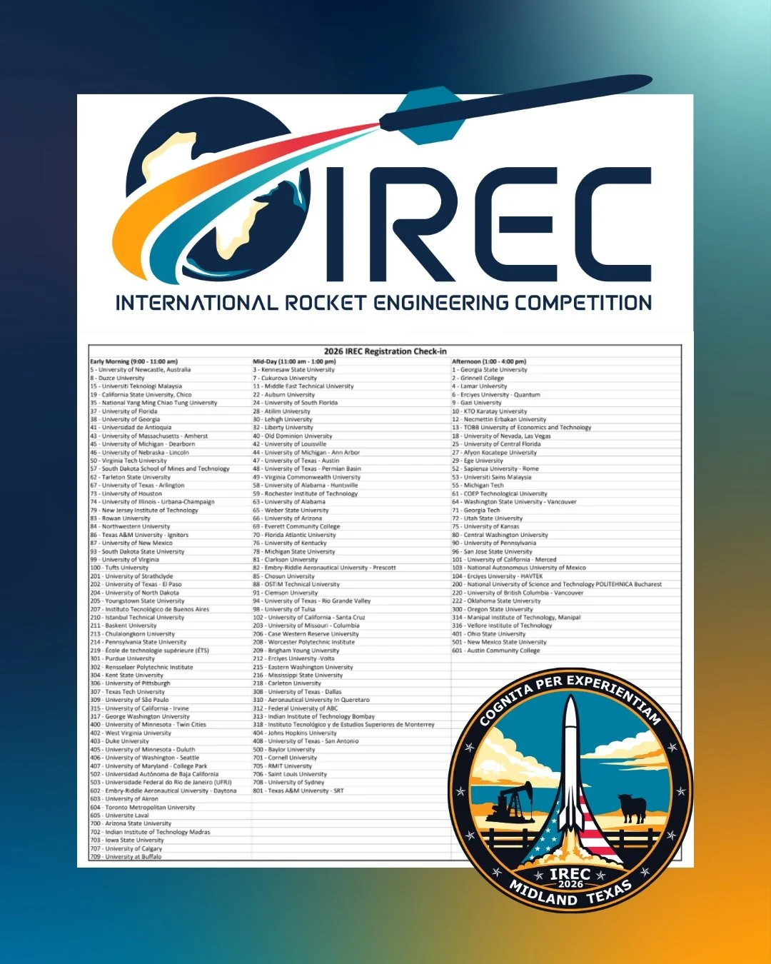 The 2026 International Rocket Engineering Competition (IREC) Registration Schedule is now available on the Experimental Sounding Rocket Association (ESRA) website: https://www.esrarocket.org/2026irec