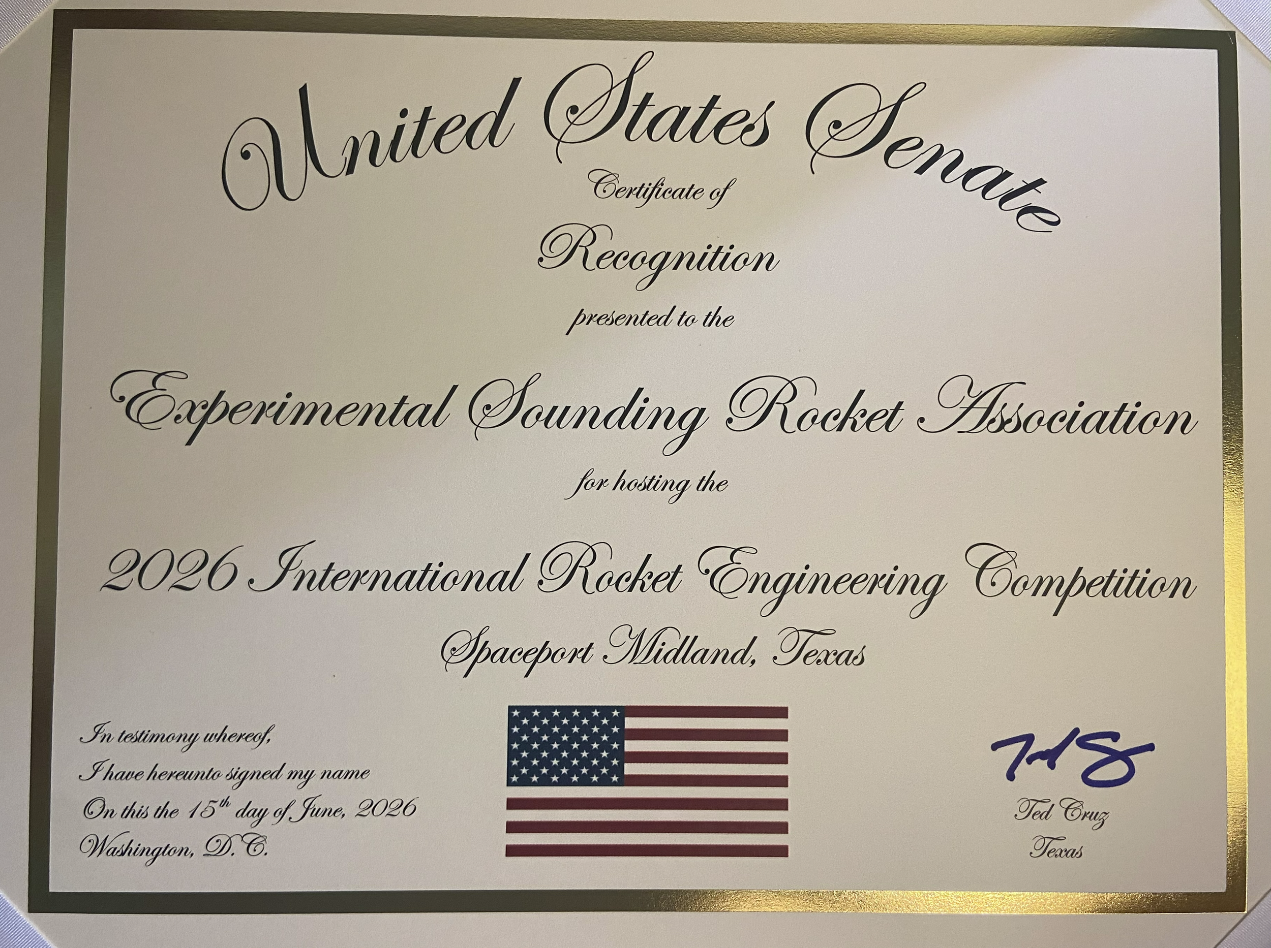 US Senate Certificate of Recognition Presented to ESRA