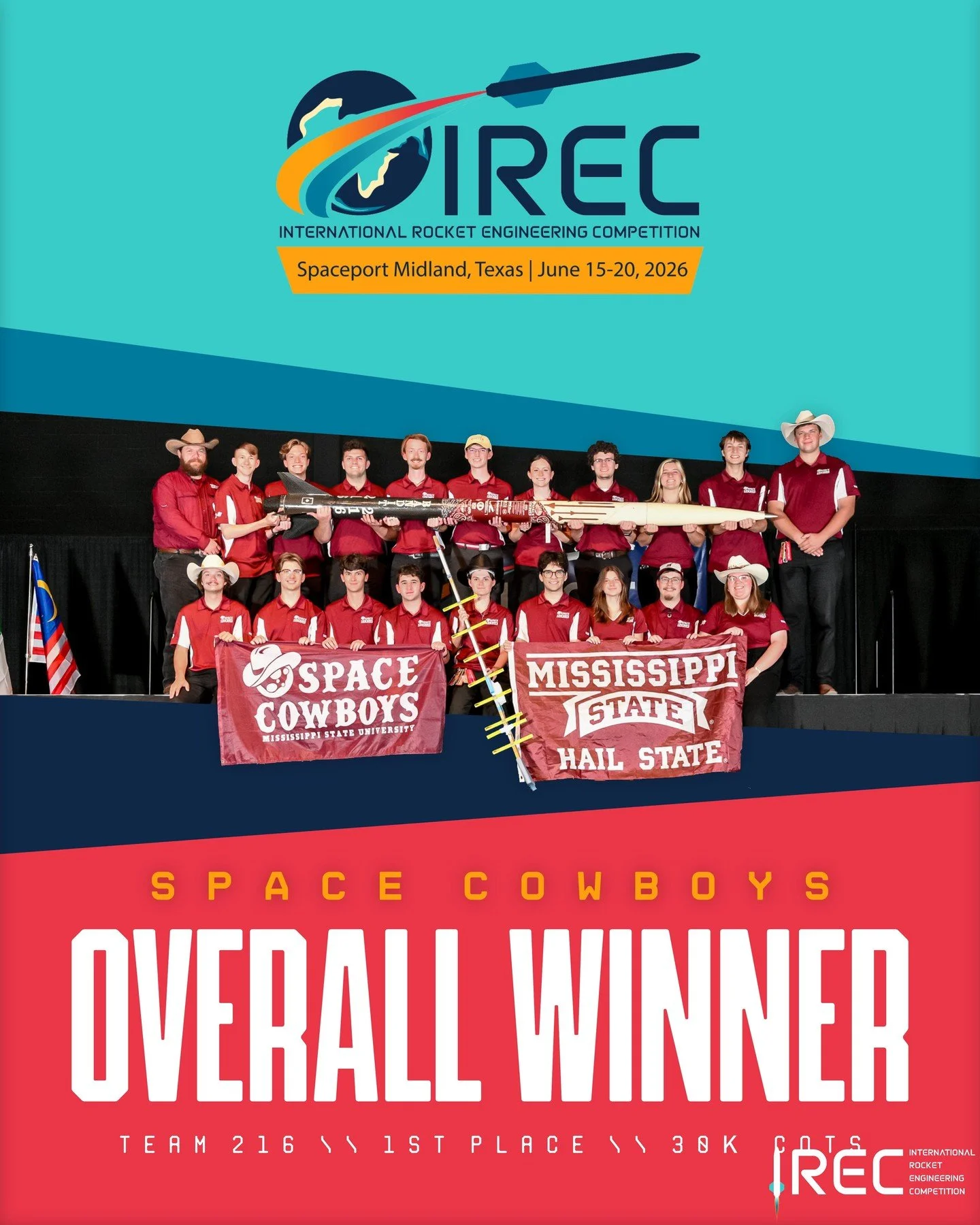 ESRA wants to extend their congratulations to Team 216, the Space Cowboys, on an incredible performance at IREC 2026! Taking home 1st Place Overall and 1st Place in the 30K COTS category is a remarkable achievement. Well deserved!

Photo by Jim Wilke