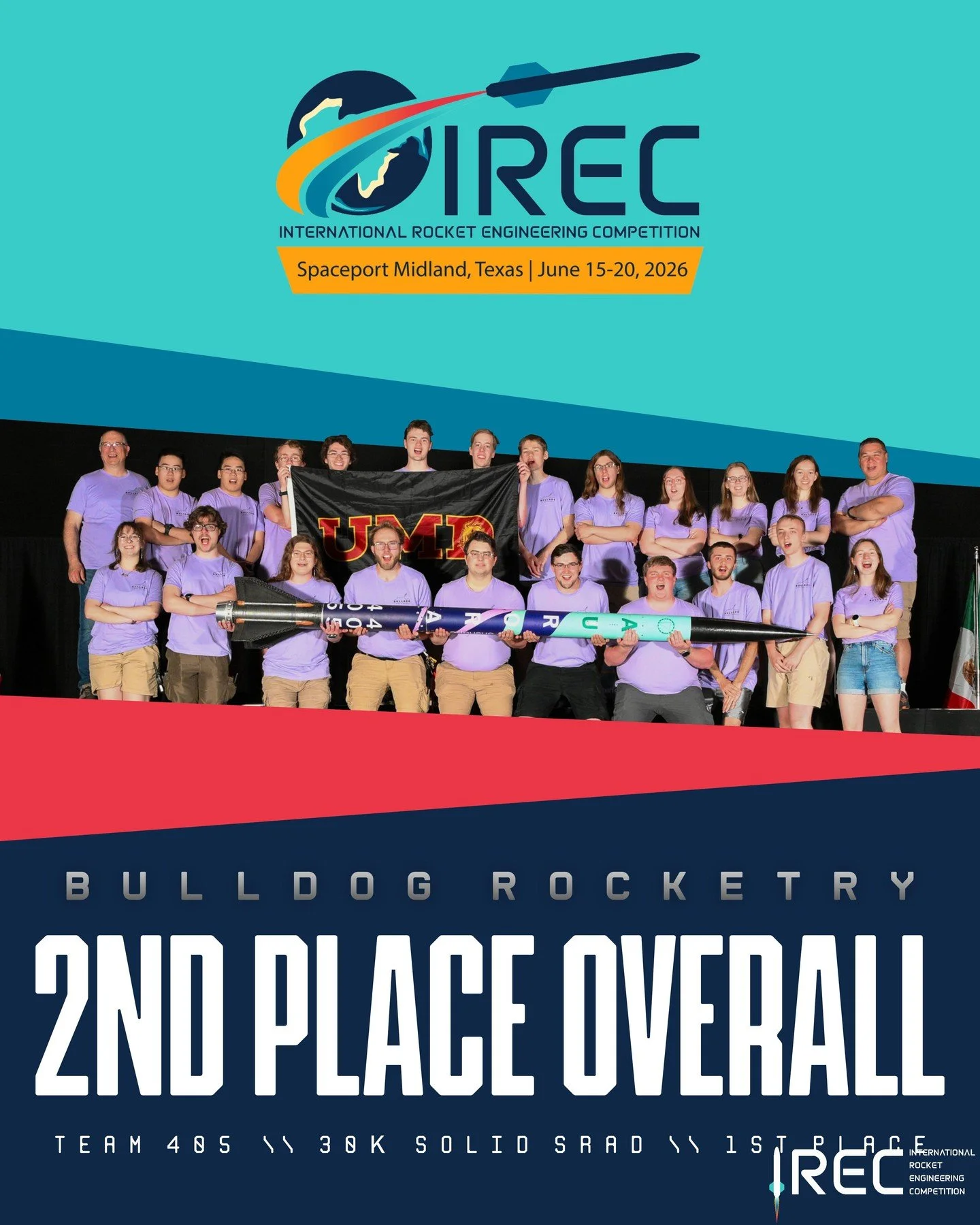 ESRA congratulates Team 405, Bulldog Rocketry, for earning 1st place in the 30k solid SRAD category and for ranking 2nd place overall at IREC! Your efforts did not go unnoticed!

Photo by Jim Wilkerson.