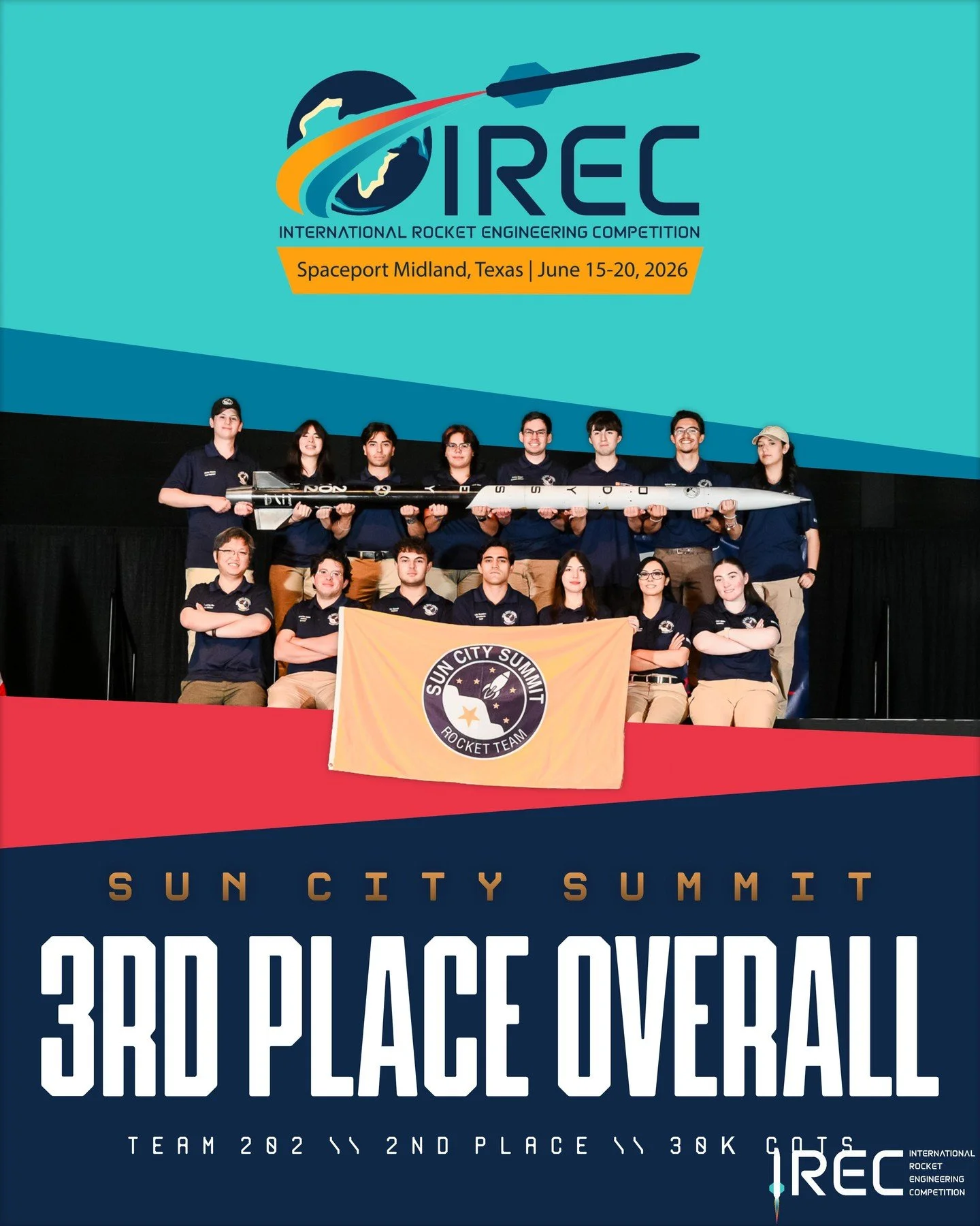 ESRA congratulates Team 202 on earning 3rd Place Overall and 2nd place in the 30k COTS category at IREC 2026! Team 202 did amazing!

Photo by Jim Wilkerson.