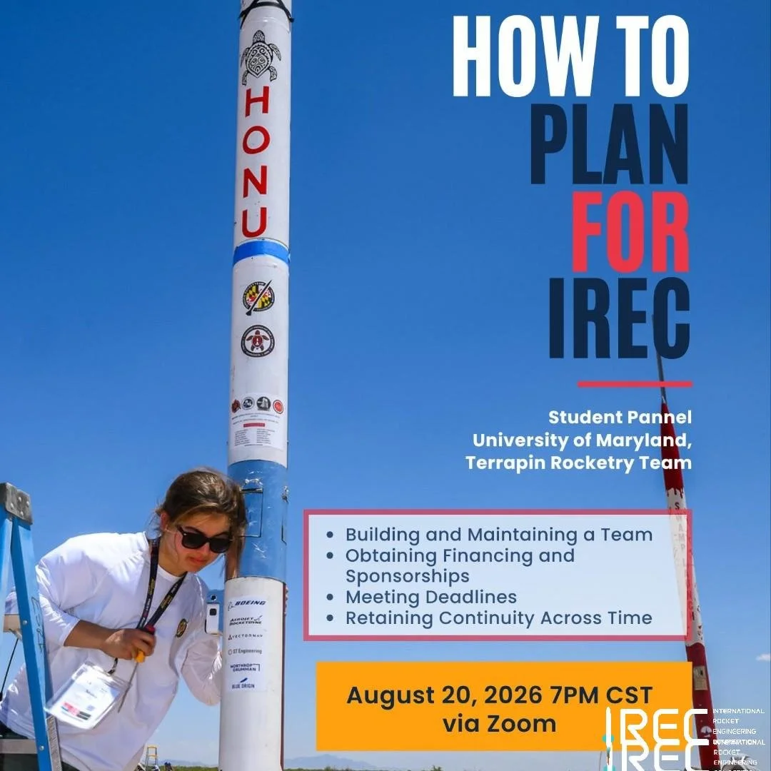Prepare your team for the 2027 International Rocket Engineering Competition (IREC)! Whether you're entering for the first time or looking to sharpen your strategy with expert insight, join ESRA on August 20, 2026 at 7PM CST for an in‑depth "How 