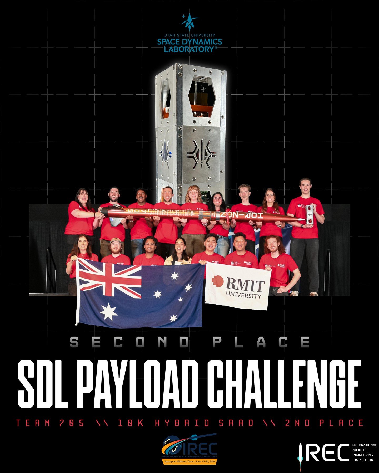 ESRA congratulates team 705, RMIT University, for ranking 2nd in the SDL Payload Challenge as well as the 10K Hybrid SRAD category! Incredible performance!

Photo by Jim Wilkerson.

#ESRA #IREC2026 #Team705 #SDLPayloadChallenge #HybridSRAD #Aerospace