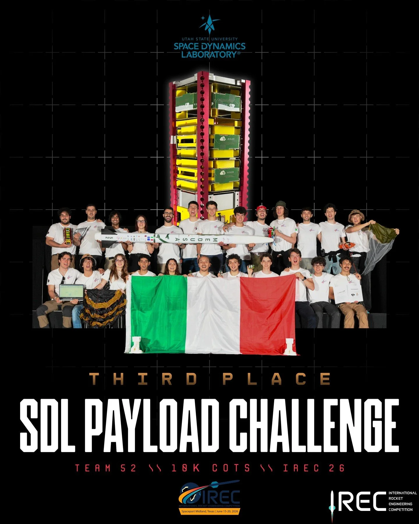 ESRA wants to recognize team 52, Sapienza University - Rome, for earning 3rd place in the SDL Payload Challenge! 

Photo by Jim Wilkerson.

#ESRA #IREC2026 #Team72 #SDLPayloadChallenge #10KCOTS #AerospaceEngineering #StudentRocketry #CompetitionExcel